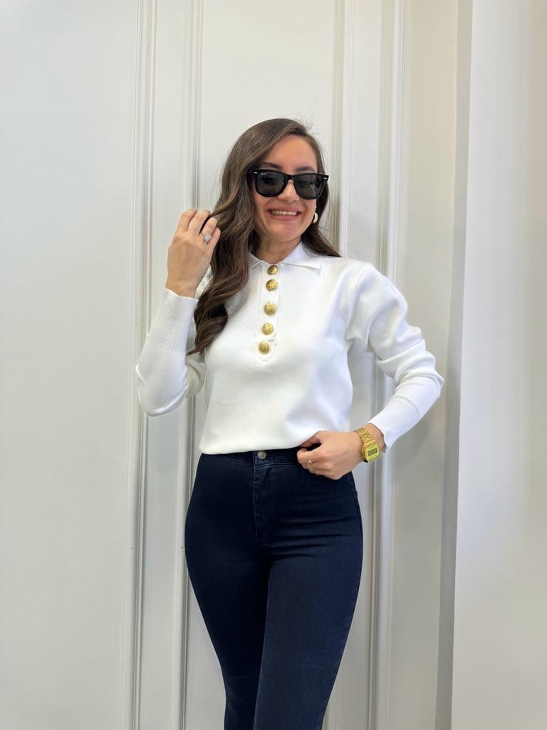 Beyaz Polo Yaka Gold Düğmeli Triko Kazak 3885