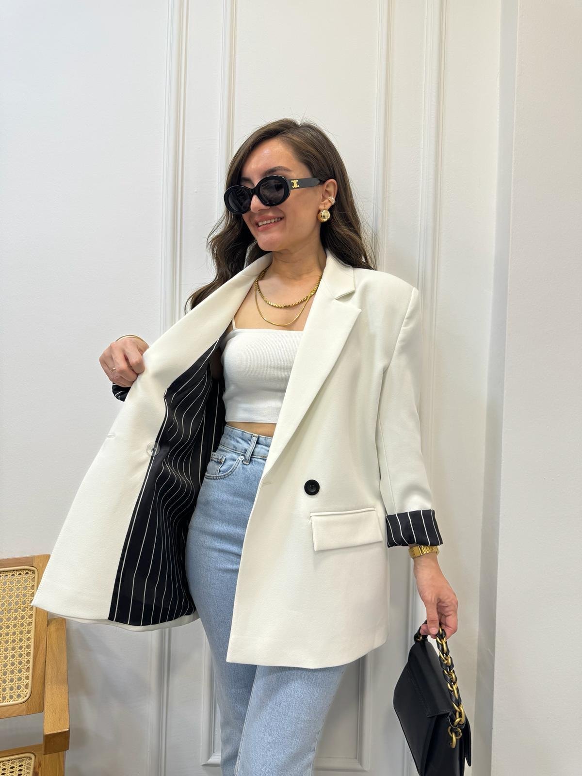 Beyaz Premıum Seri Siyah Çizgili Astarlı Blazer Ceket 9412