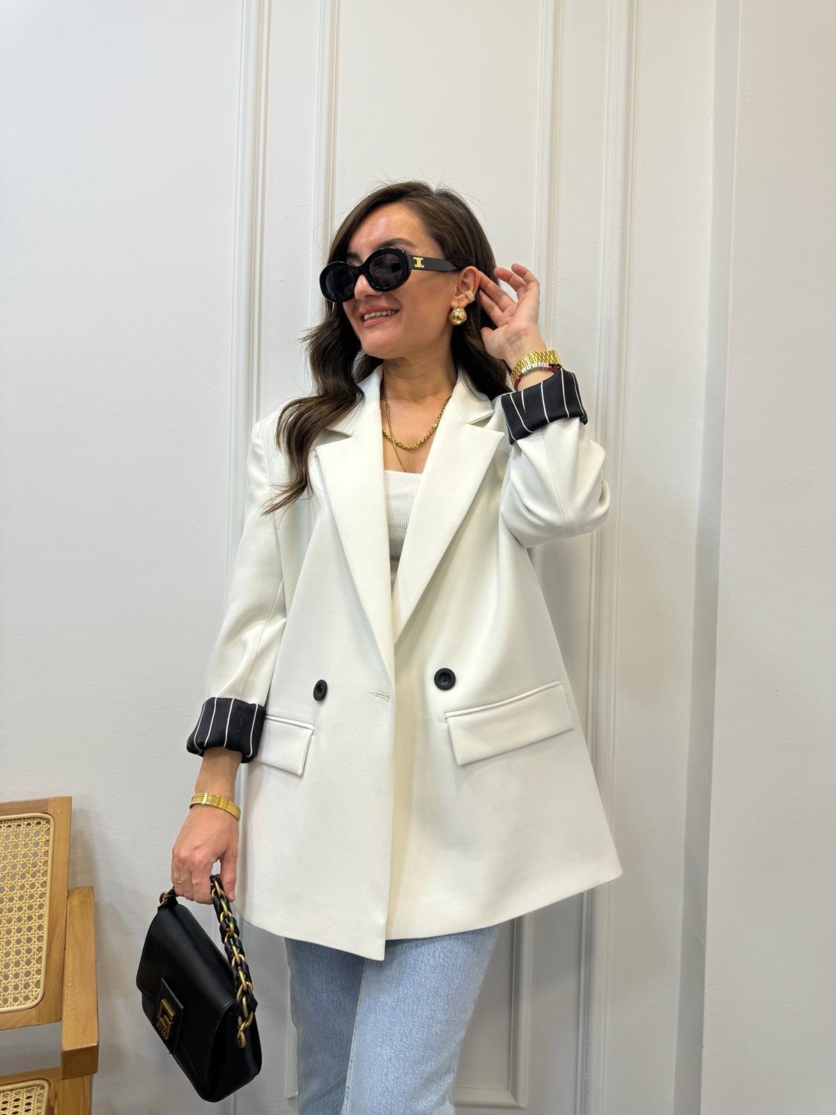 Beyaz Premıum Seri Siyah Çizgili Astarlı Blazer Ceket 9412