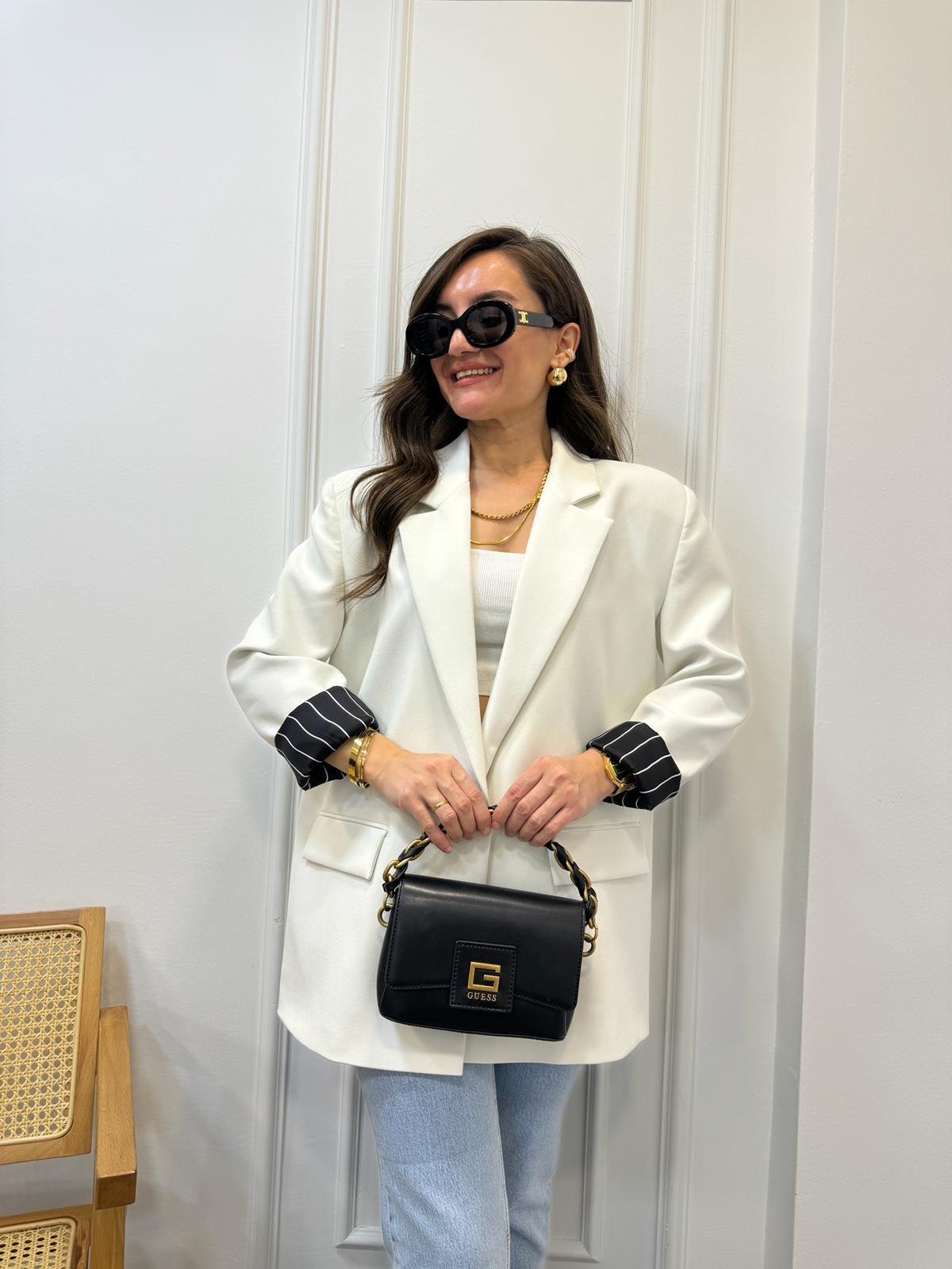 Beyaz Premıum Seri Siyah Çizgili Astarlı Blazer Ceket 9412