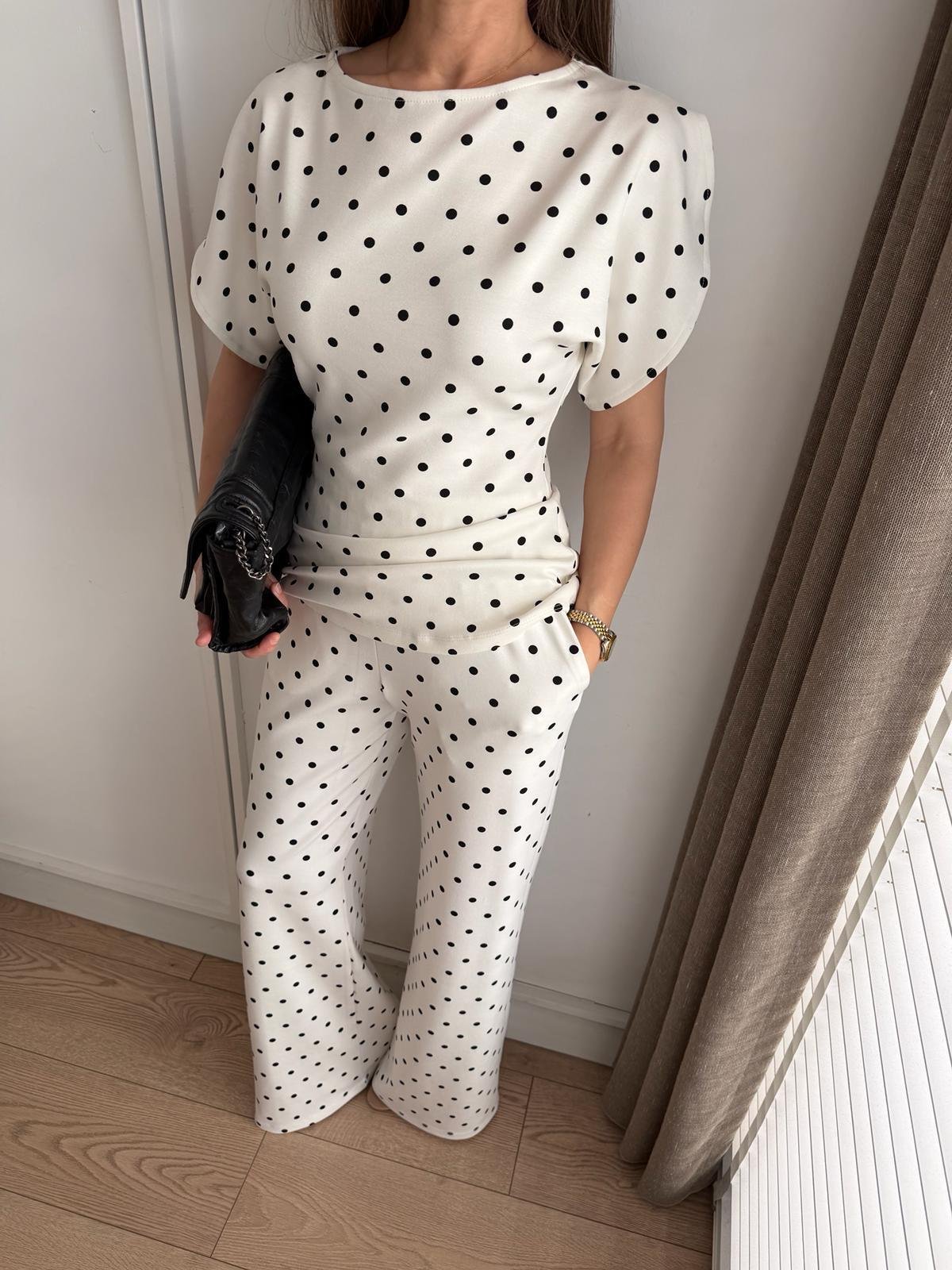Beyaz Puantiyeli Bluz Pantolon Takım 4133
