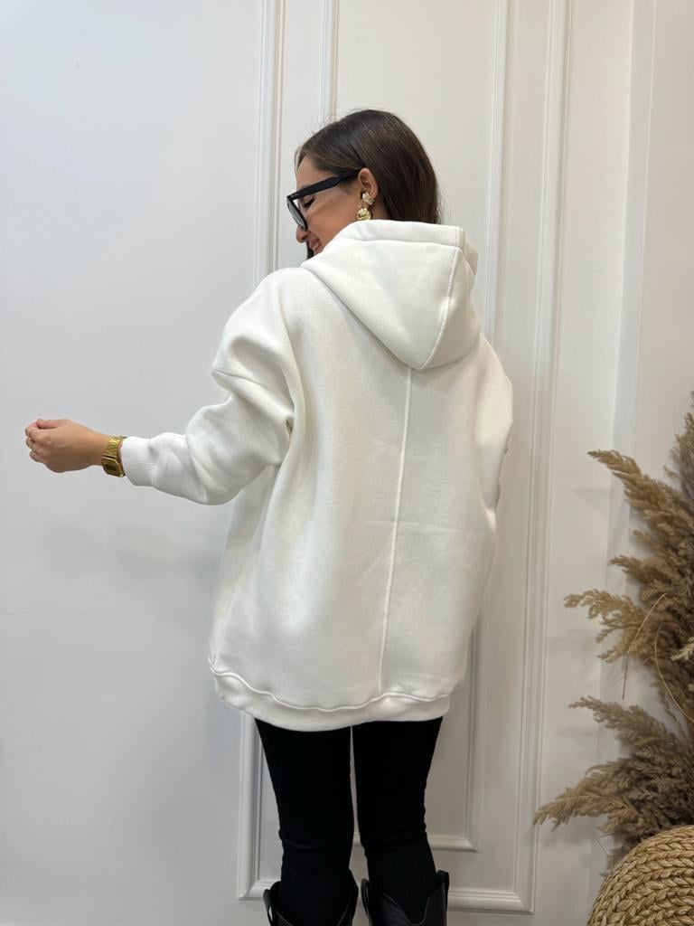 Beyaz Renkli Kuş Baskılı Kapüşonlu Cepli Sweatshirt 1011