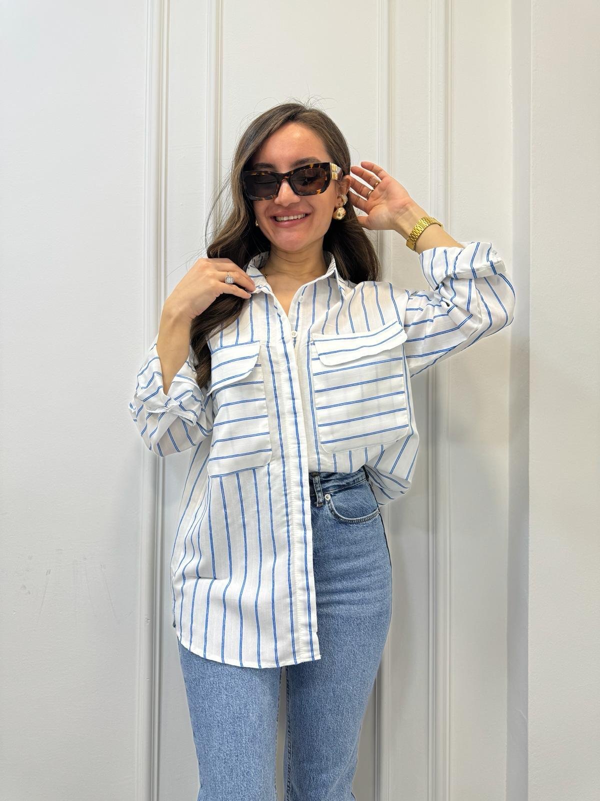 Beyaz Sax Çizgili Ön Cepli Oversize Gömlek 6047