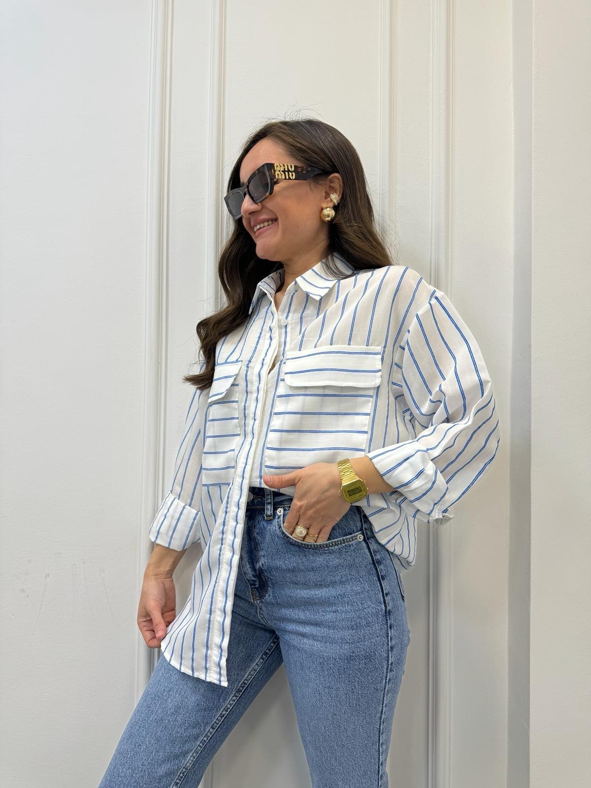 Beyaz Sax Çizgili Ön Cepli Oversize Gömlek 6047