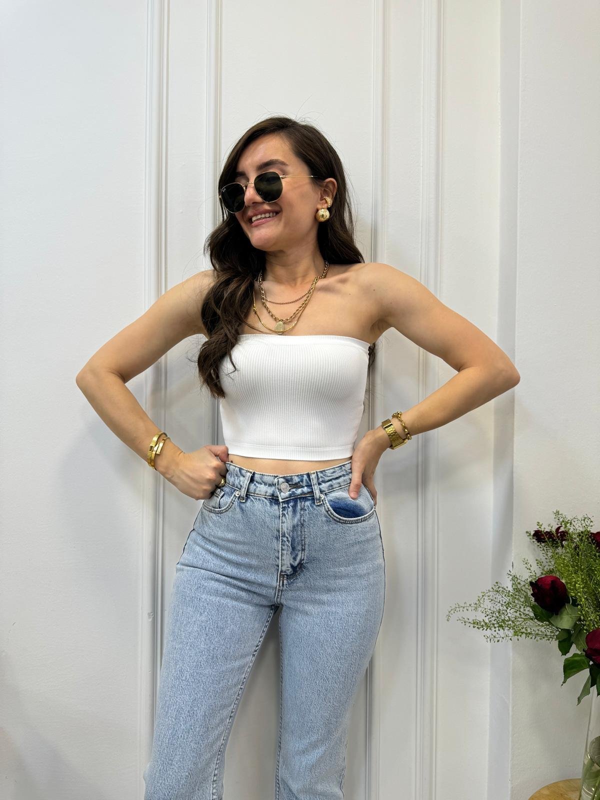 Beyaz Straplez Crop 6060