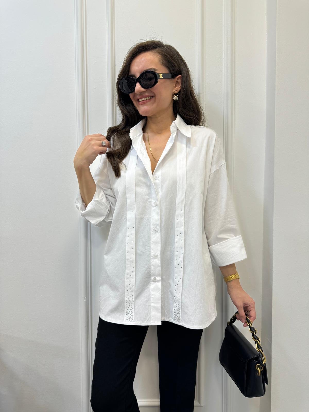 Beyaz Taş Detaylı Tasarım Poplin Gömlek 35188