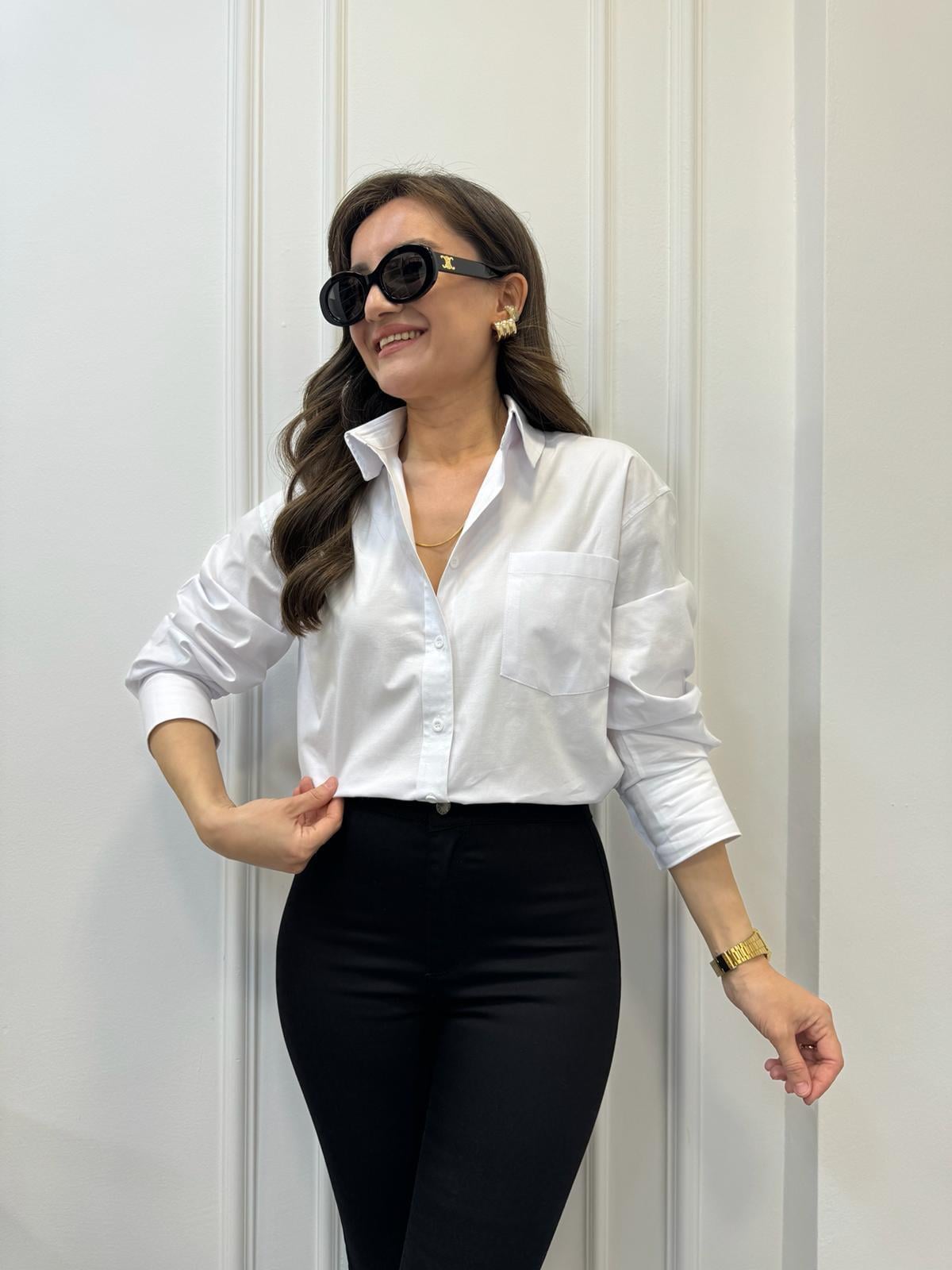 Beyaz Tek Cepli Oversize Gömlek 4112