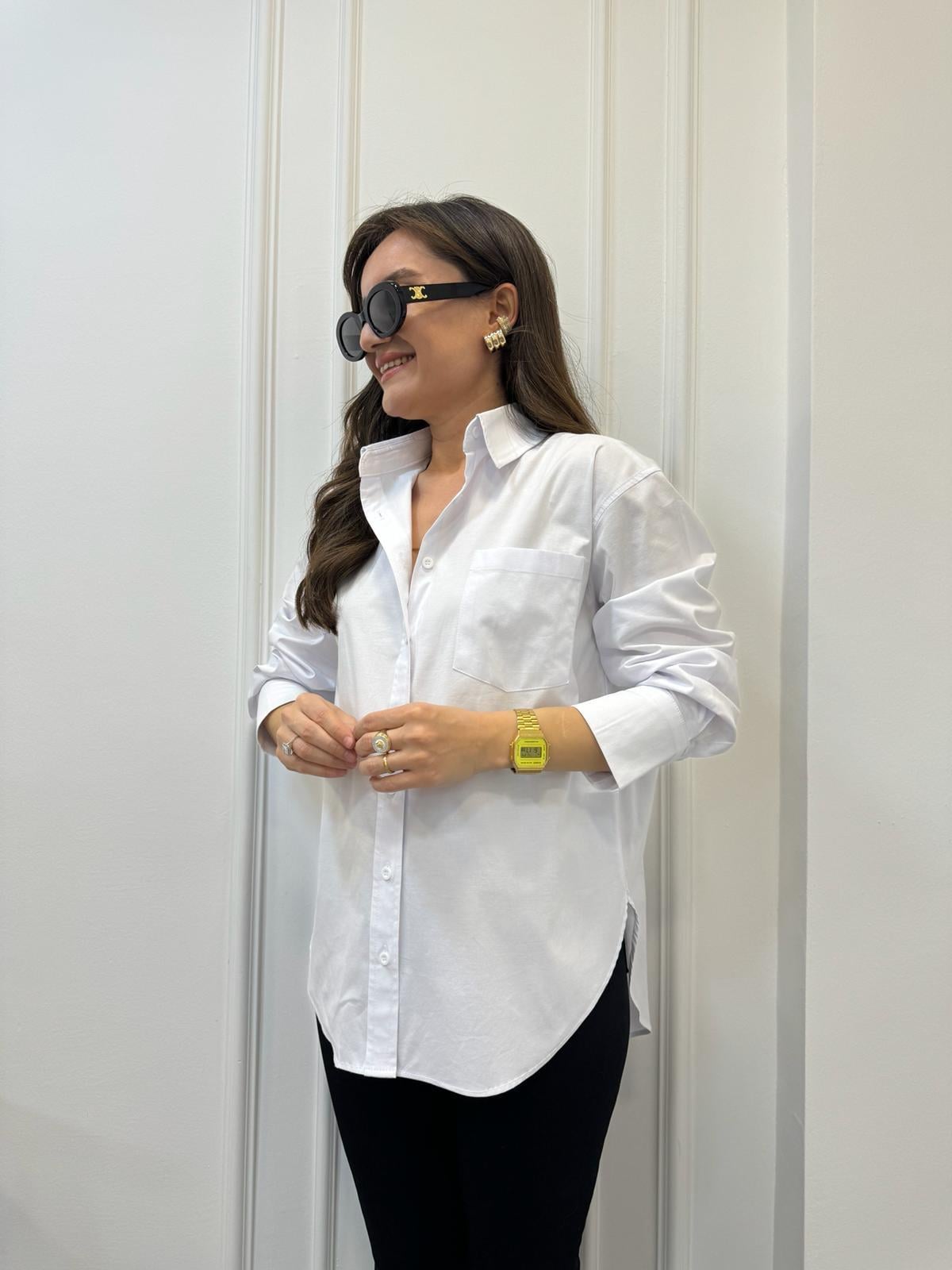 Beyaz Tek Cepli Oversize Gömlek 4112