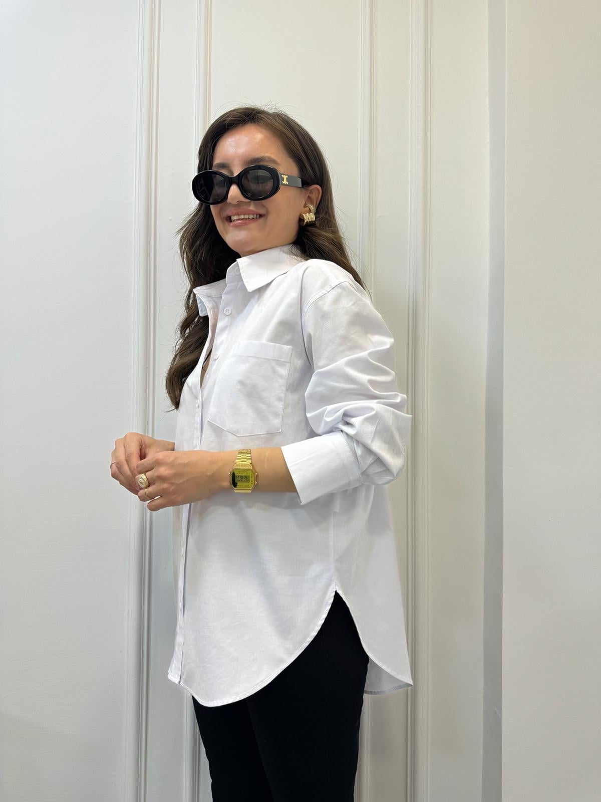Beyaz Tek Cepli Oversize Gömlek 4112