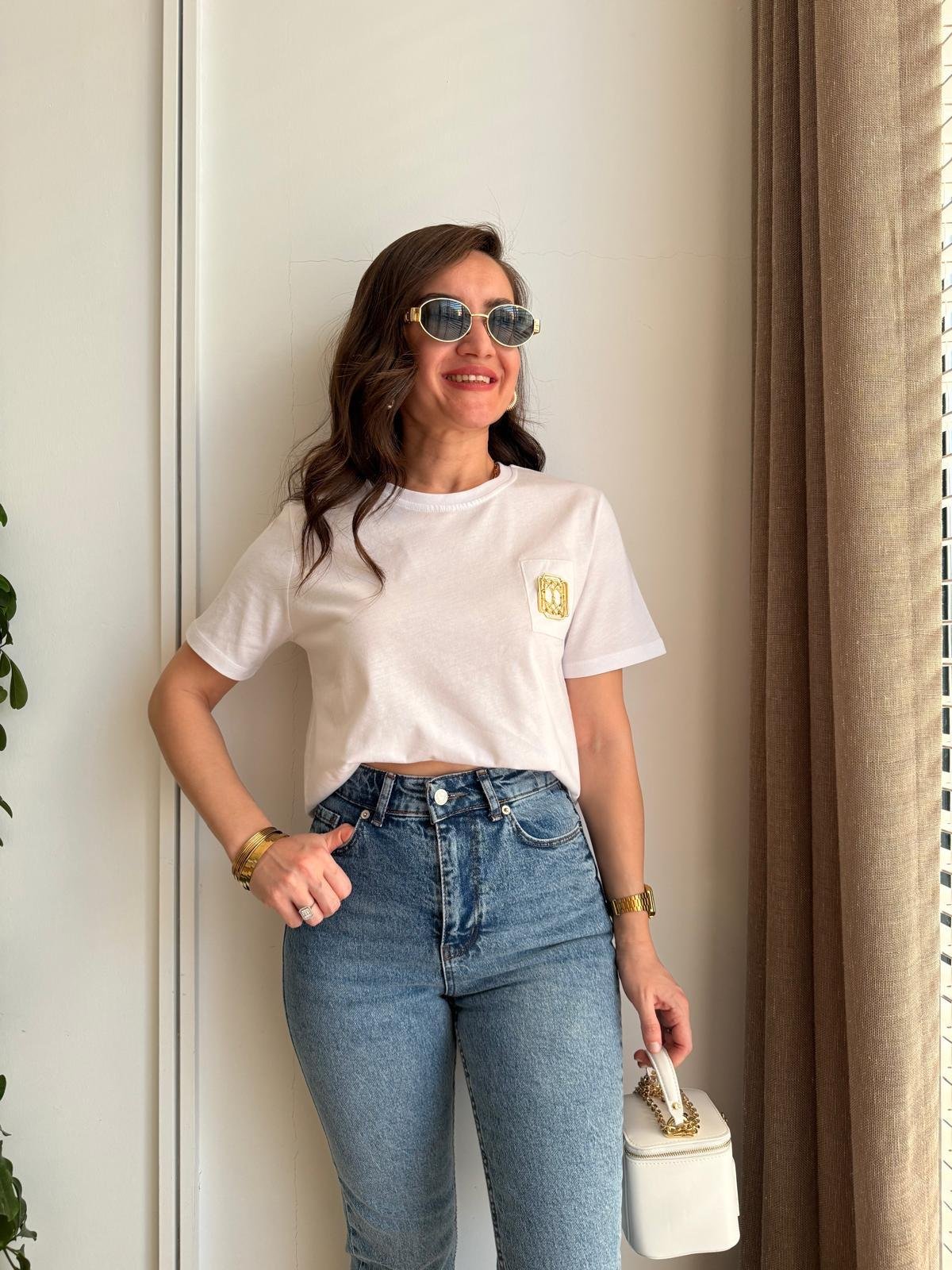 Beyaz Toka Detaylı Tshirt 16858