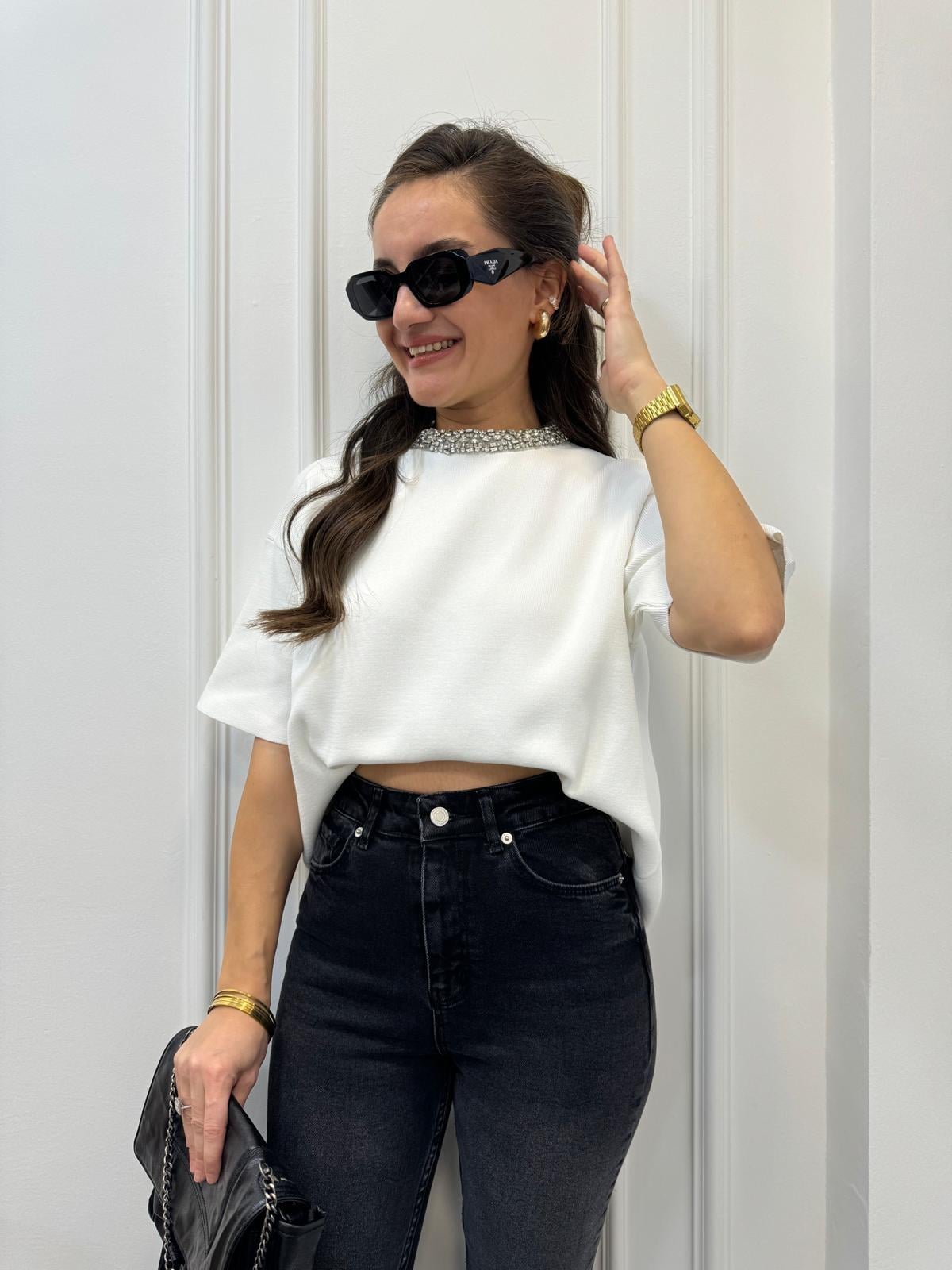 Beyaz Yaka Taşlı Yarım Kol Triko Bluz 2416629