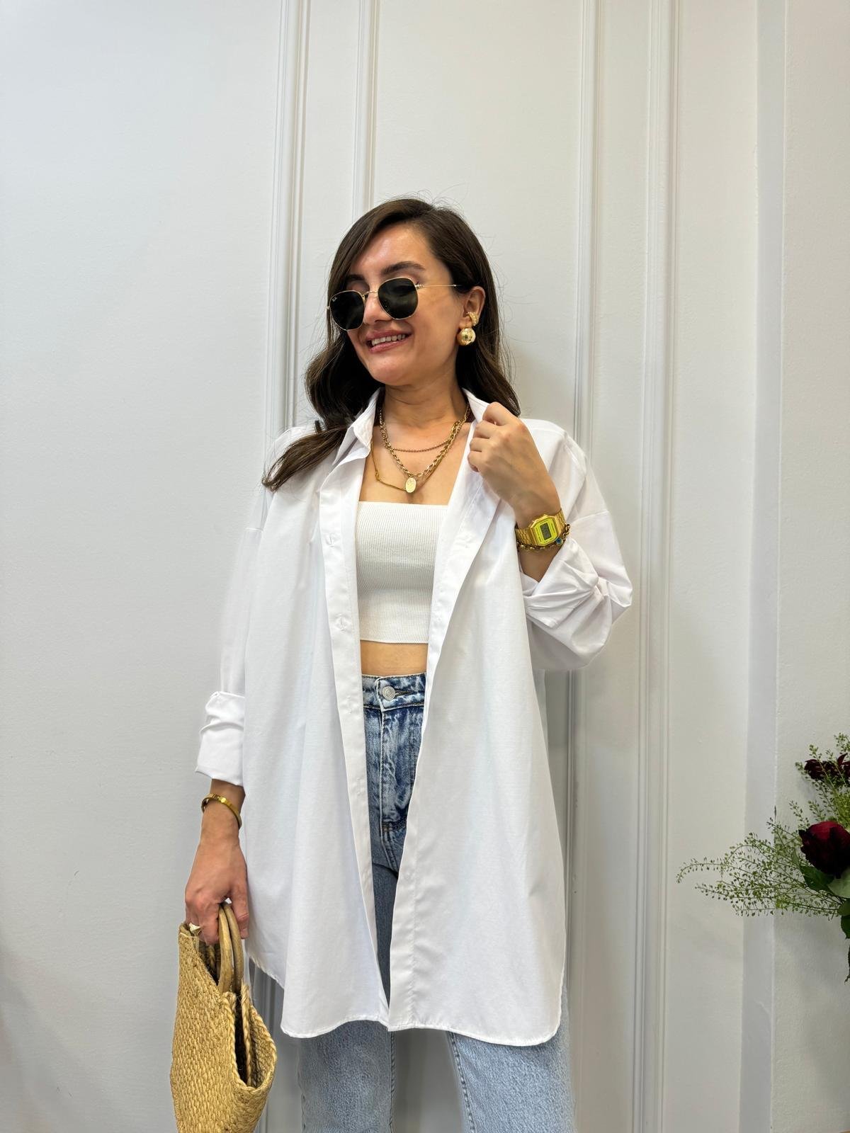 Beyaz Yan Bağlamalı Oversize Gömlek 197