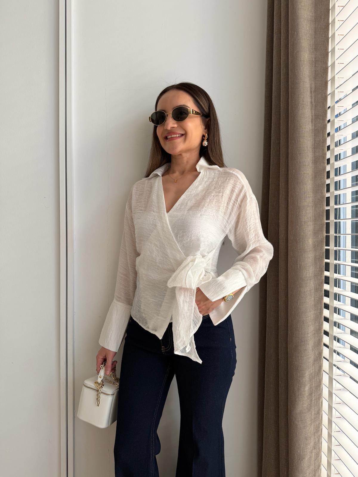 Beyaz Yan Bağlamalı Transparan Kısa Kimono 8051