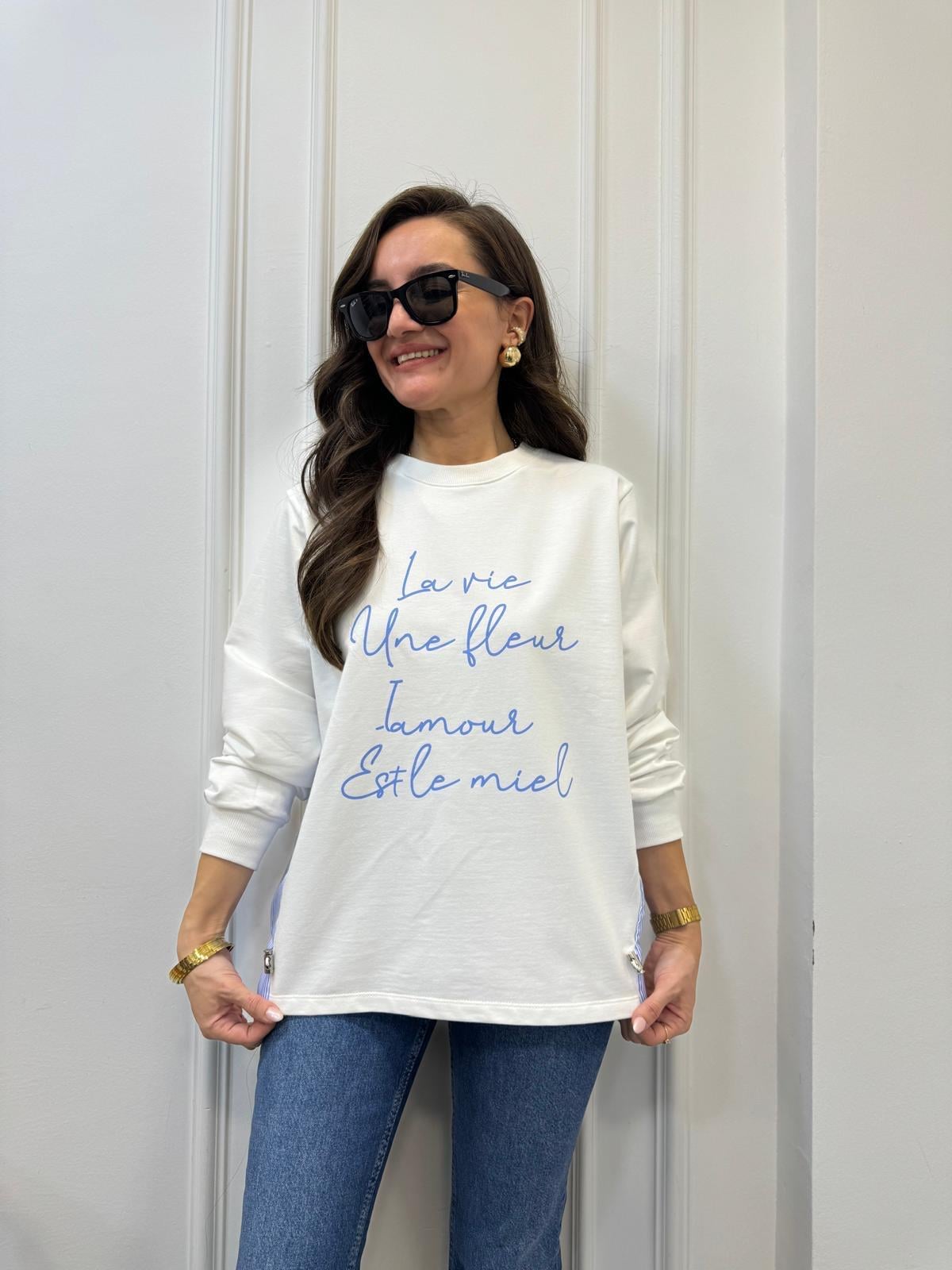 Beyaz Yazılı Altı Büzgülü Sweatshırt 28989