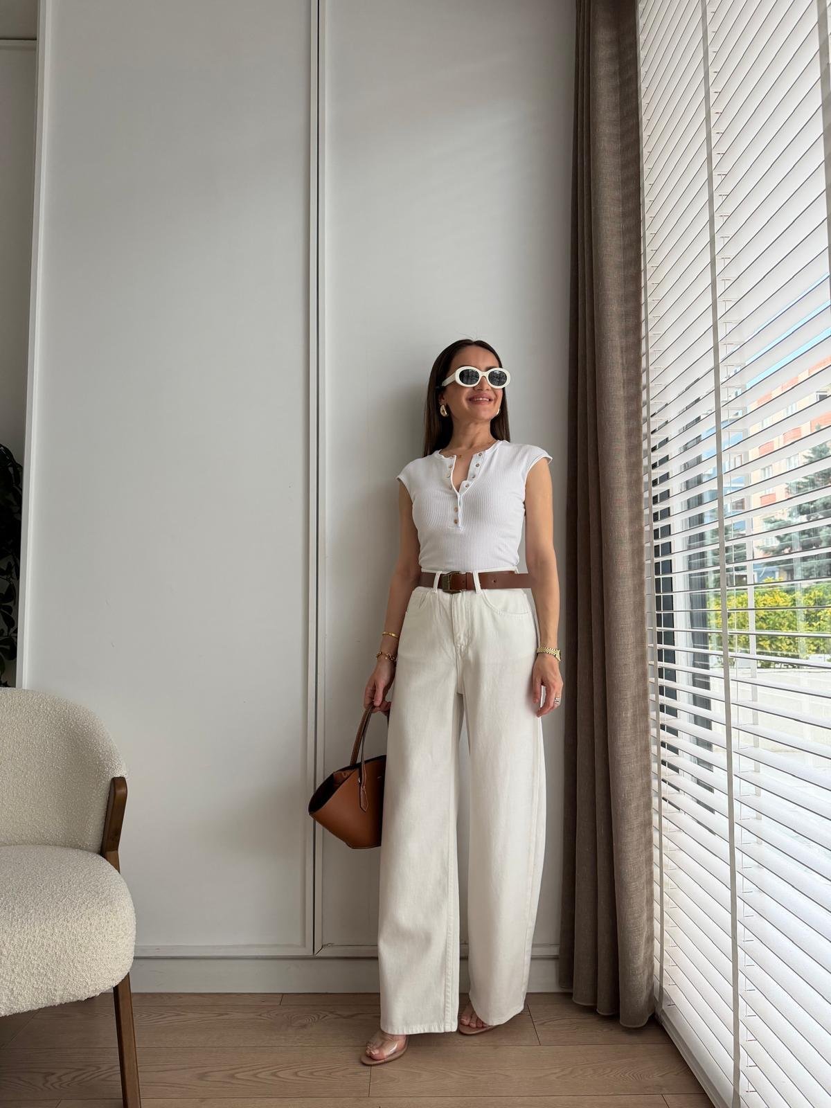 Beyaz Yüksek Bel Kemerli Palazzo Pantolon 0030