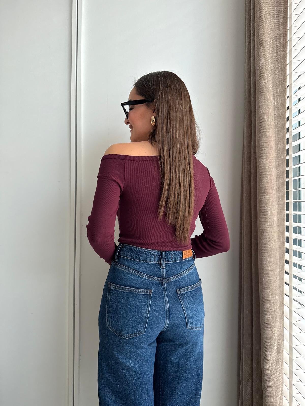 Bordo Asimetrik Omuz Detaylı Kaşkorse Bluz 17084