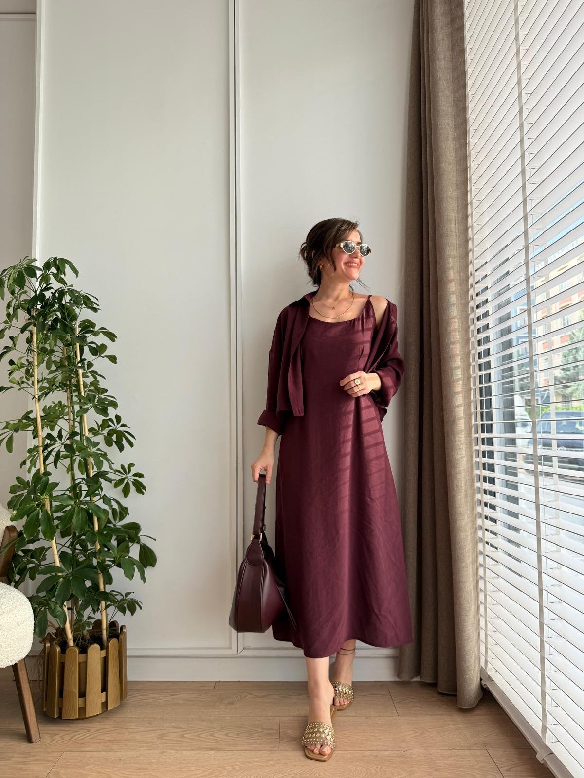Bordo Askılı Elbise Gömlek Takım 2021
