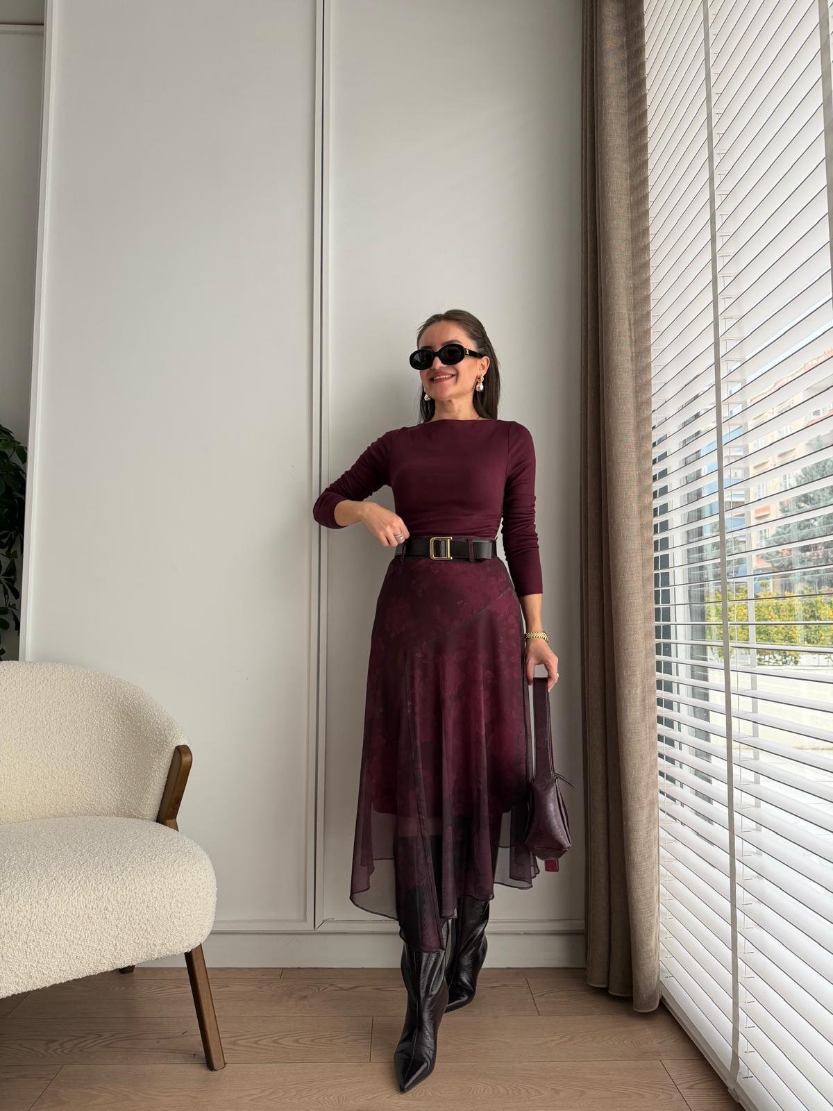 Bordo Astarlı Kemerli Tül Etek 251130