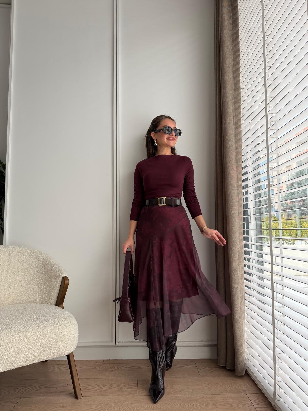 Bordo Astarlı Kemerli Tül Etek 251130