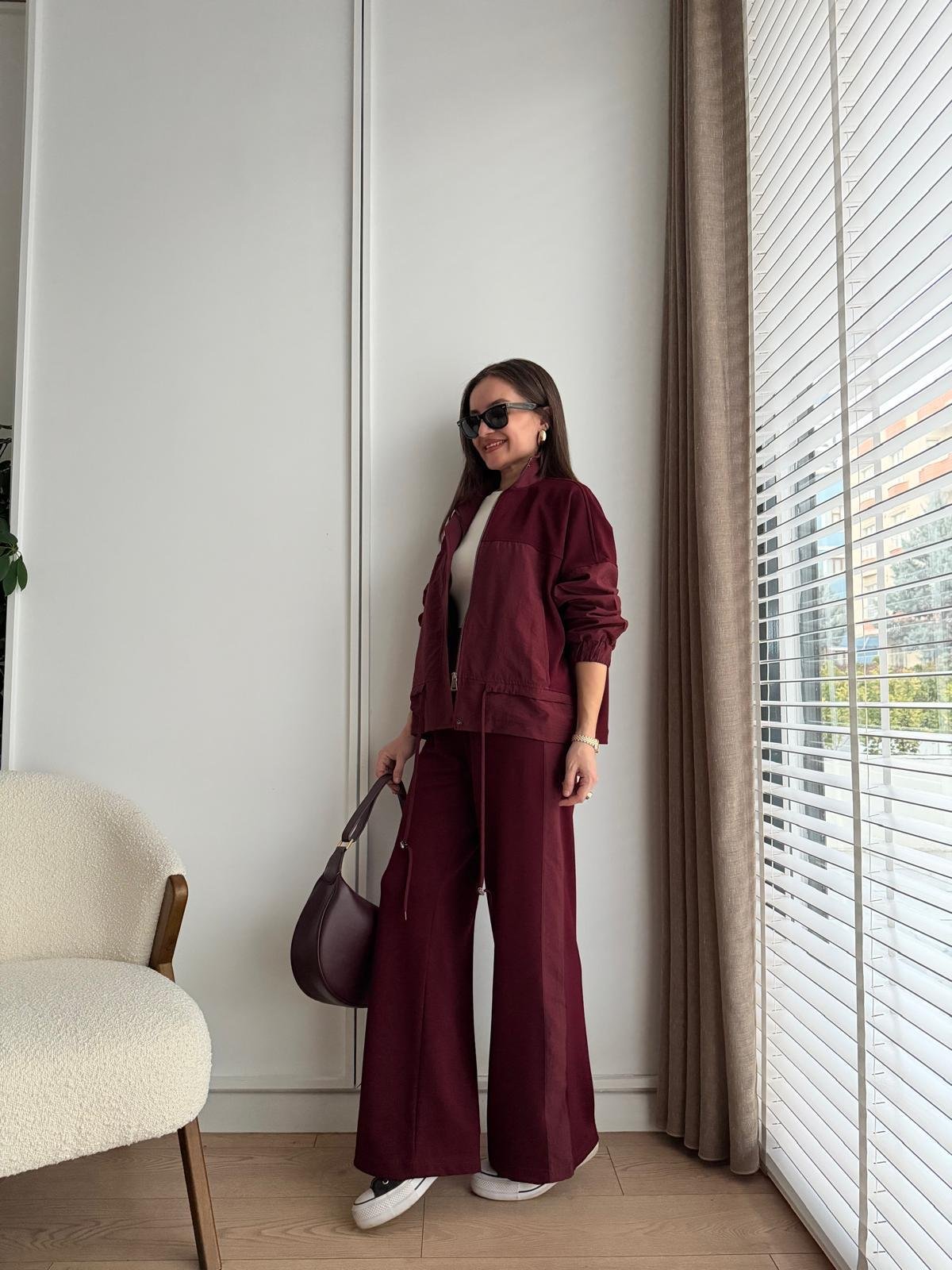 Bordo Astarlı Paraşüt Kumaş Detaylı Ceket Pantolon Takım 36851