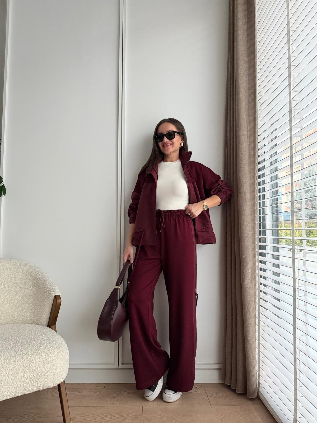 Bordo Astarlı Paraşüt Kumaş Detaylı Ceket Pantolon Takım 36851
