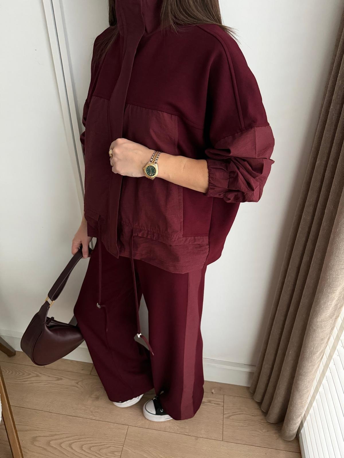 Bordo Astarlı Paraşüt Kumaş Detaylı Ceket Pantolon Takım 36851