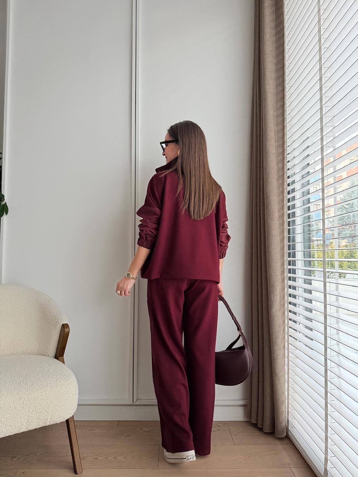 Bordo Astarlı Paraşüt Kumaş Detaylı Ceket Pantolon Takım 36851