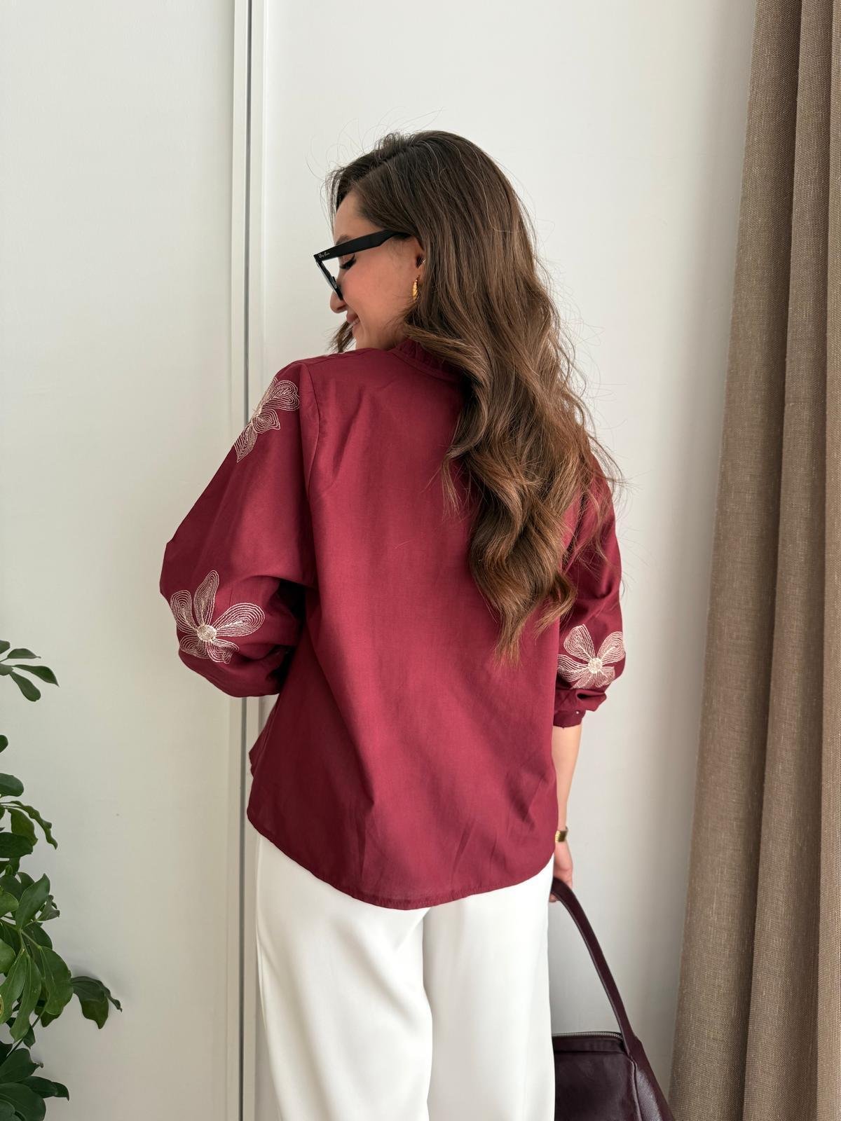 Bordo Bağlamalı Çiçek Nakışlı Gömlek 36308