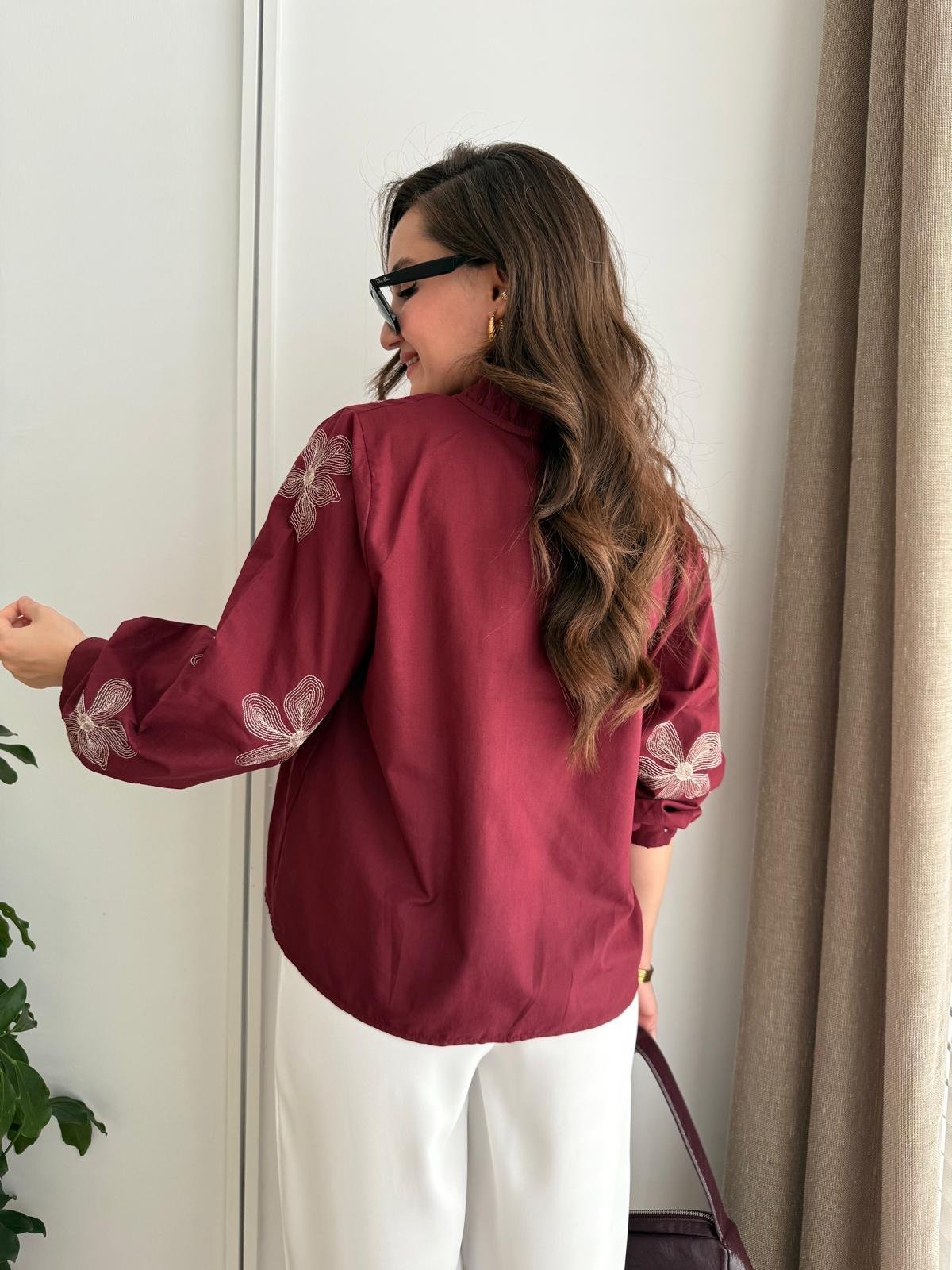 Bordo Bağlamalı Çiçek Nakışlı Gömlek 36308