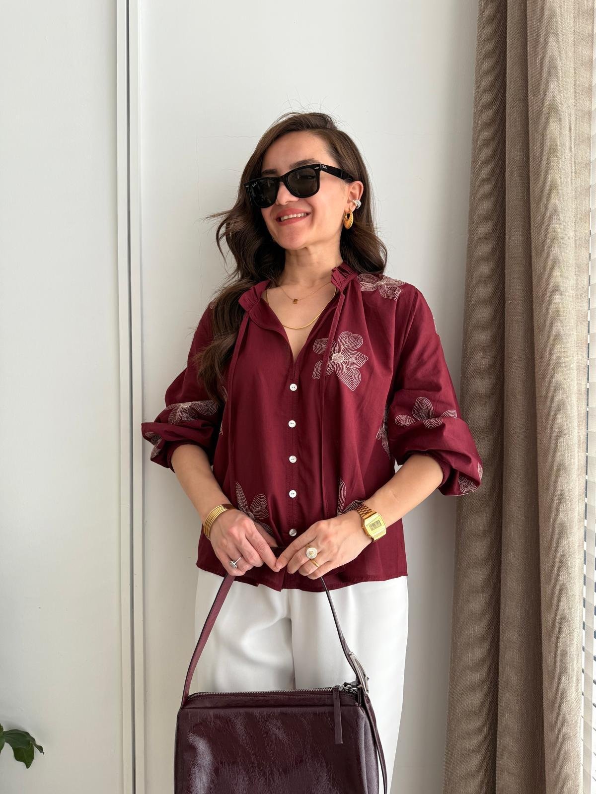 Bordo Bağlamalı Çiçek Nakışlı Gömlek 36308