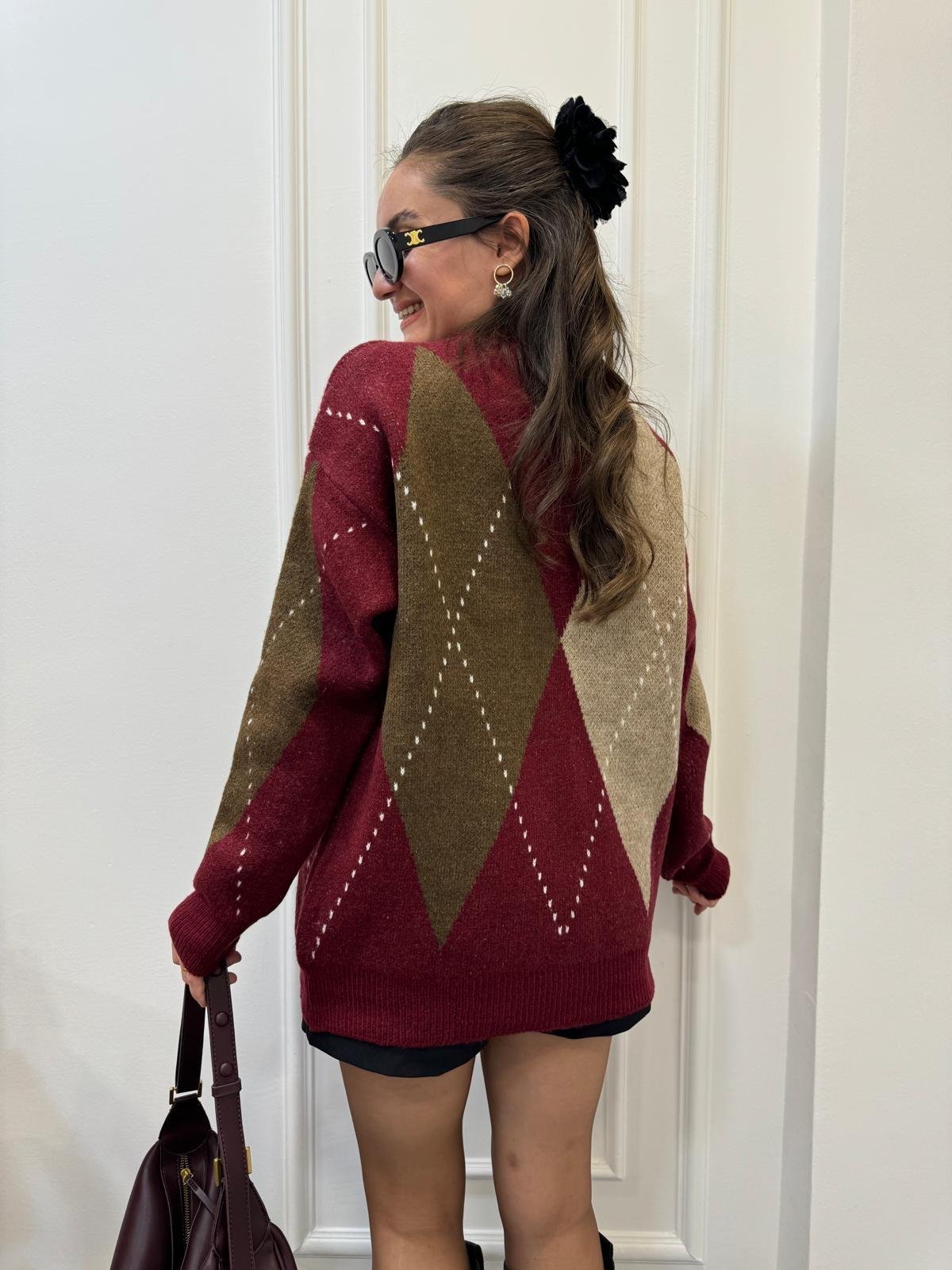 Bordo Baklava Desen Triko Kazak 610061