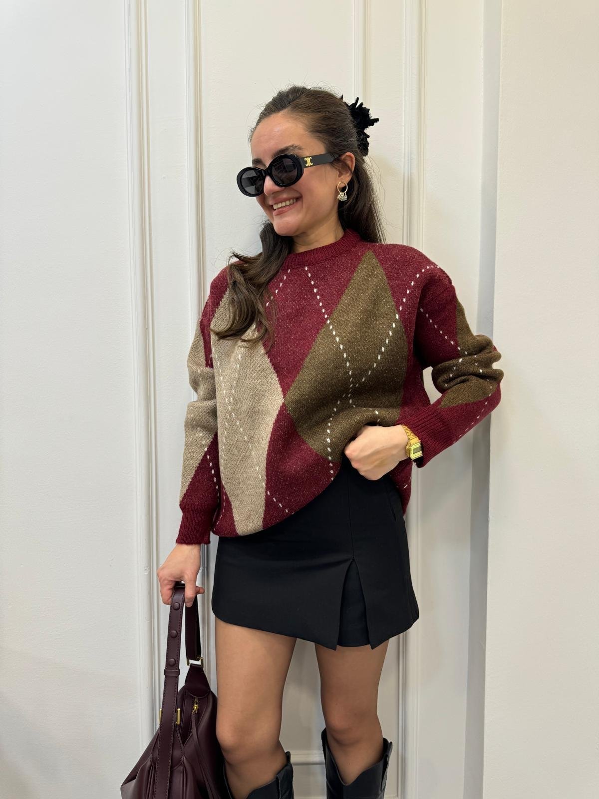 Bordo Baklava Desen Triko Kazak 610061
