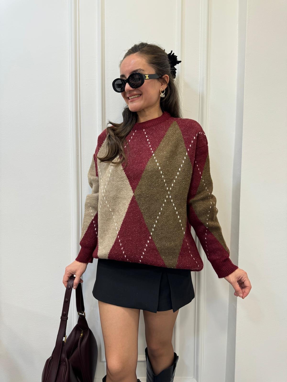 Bordo Baklava Desen Triko Kazak 610061