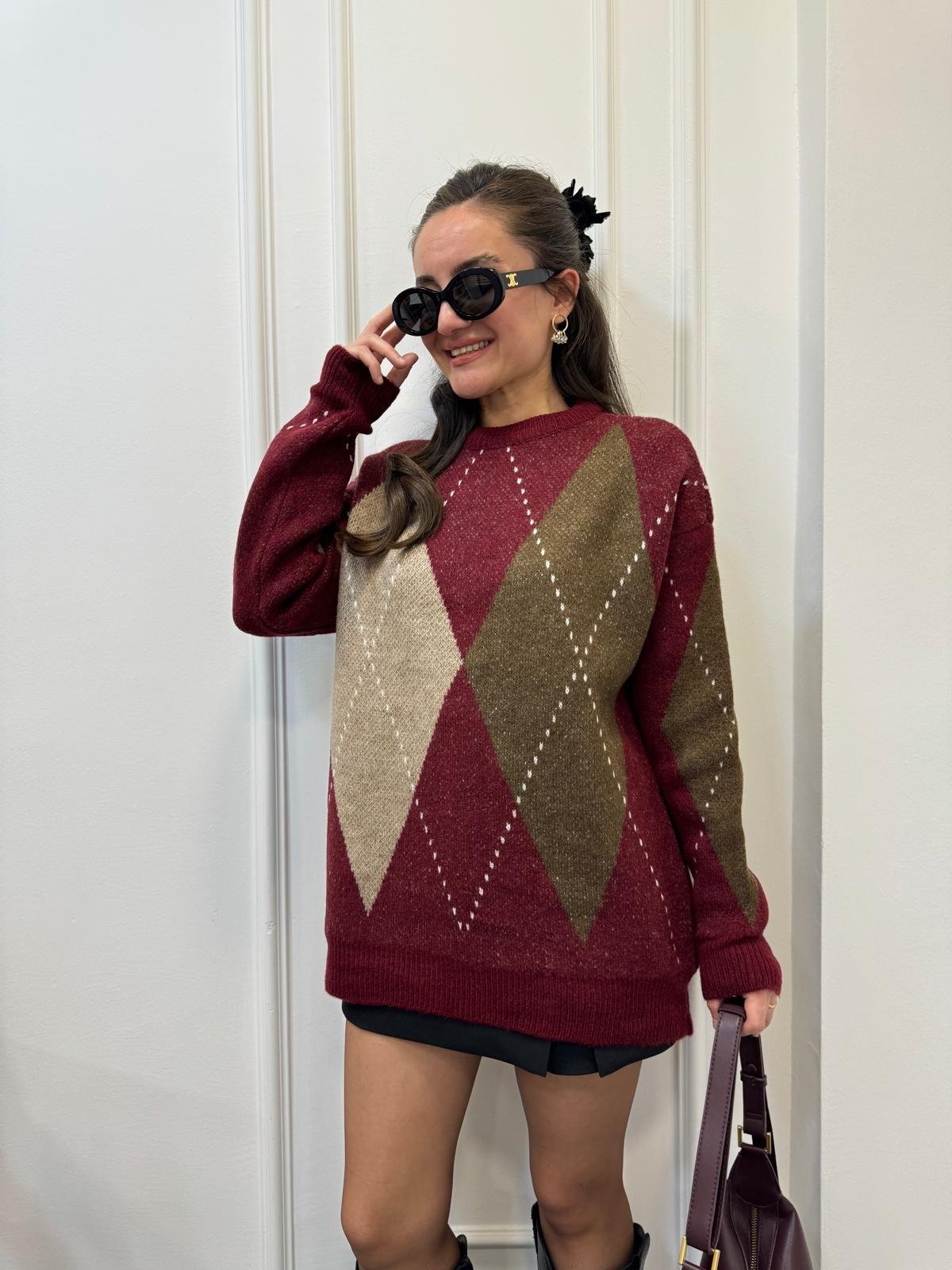 Bordo Baklava Desen Triko Kazak 610061
