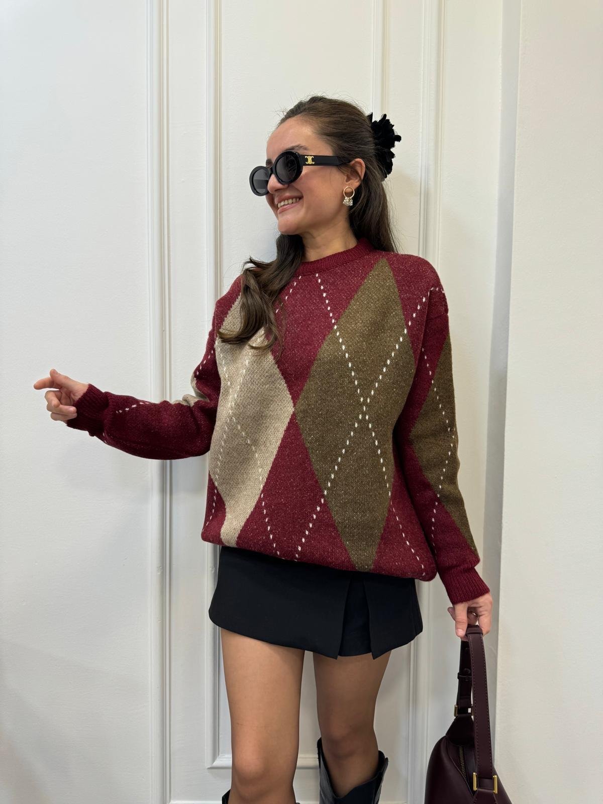 Bordo Baklava Desen Triko Kazak 610061
