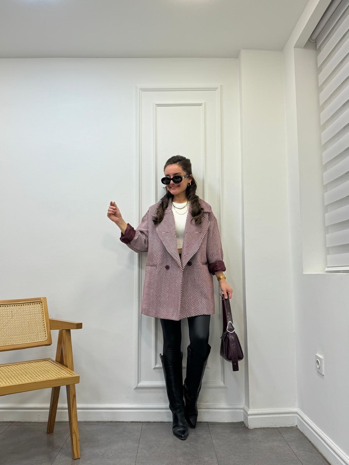 Bordo Balık Sırtı Oversize Astarlı Kaban 9252