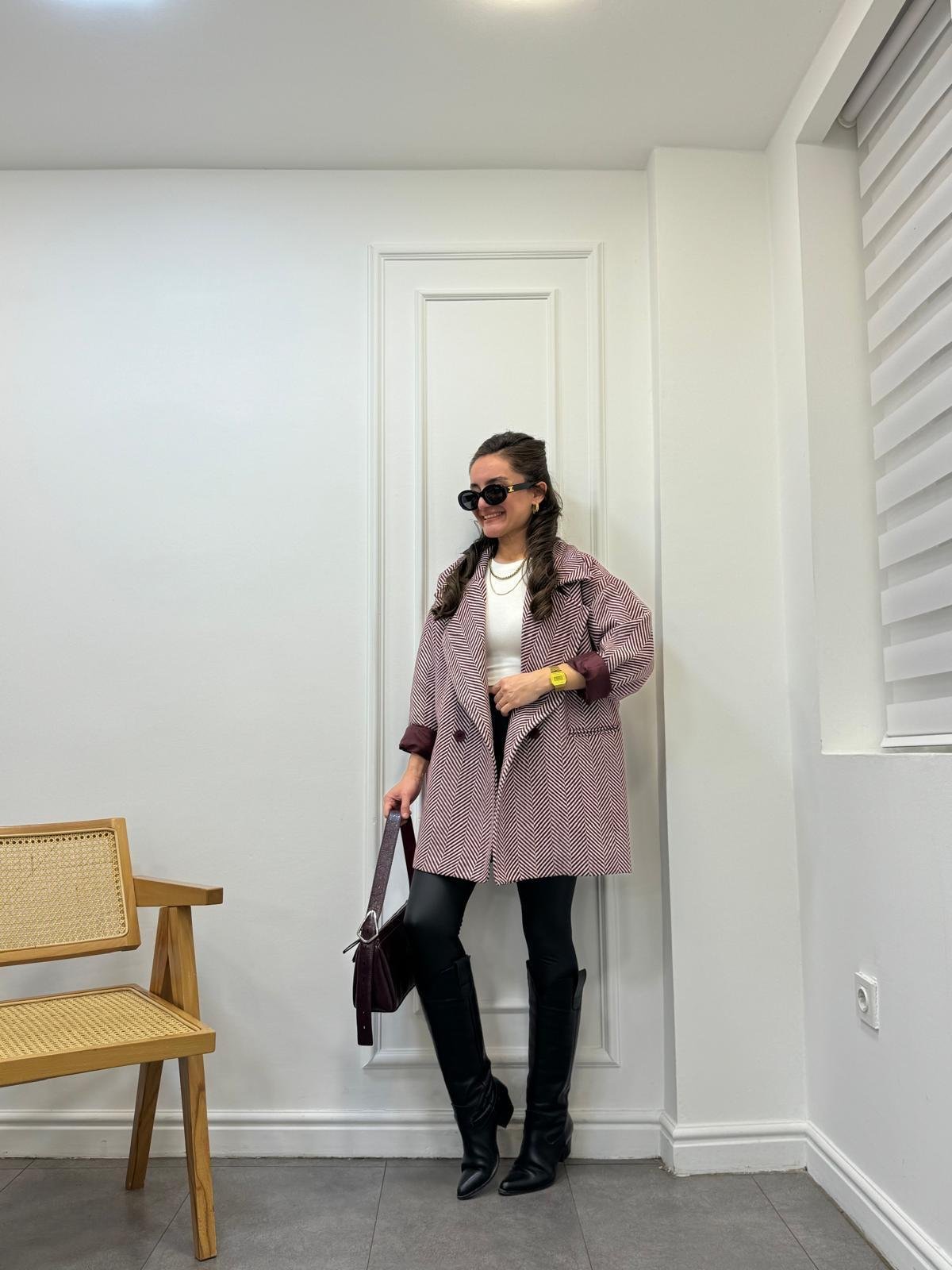 Bordo Balık Sırtı Oversize Astarlı Kaban 9252