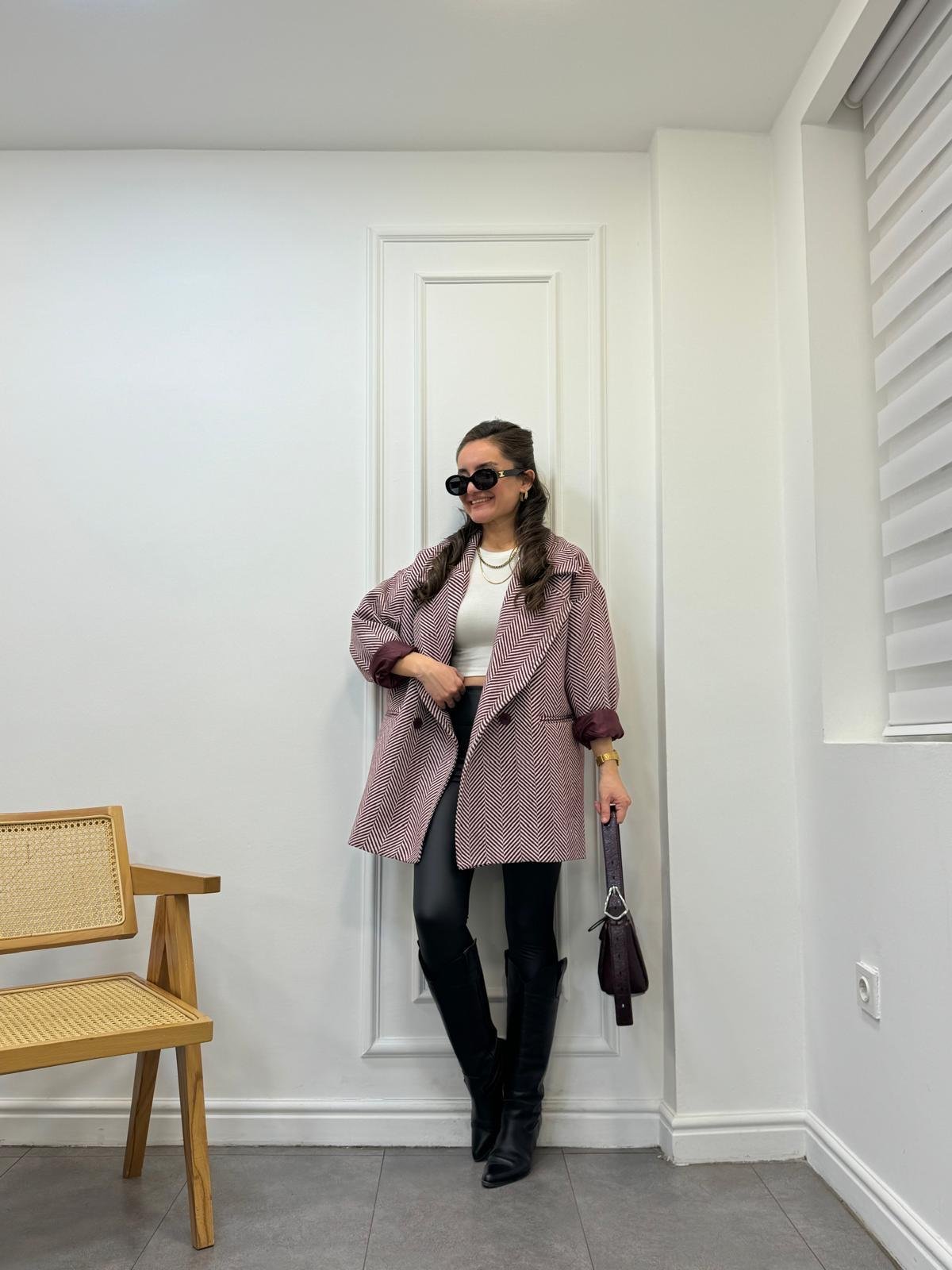 Bordo Balık Sırtı Oversize Astarlı Kaban 9252
