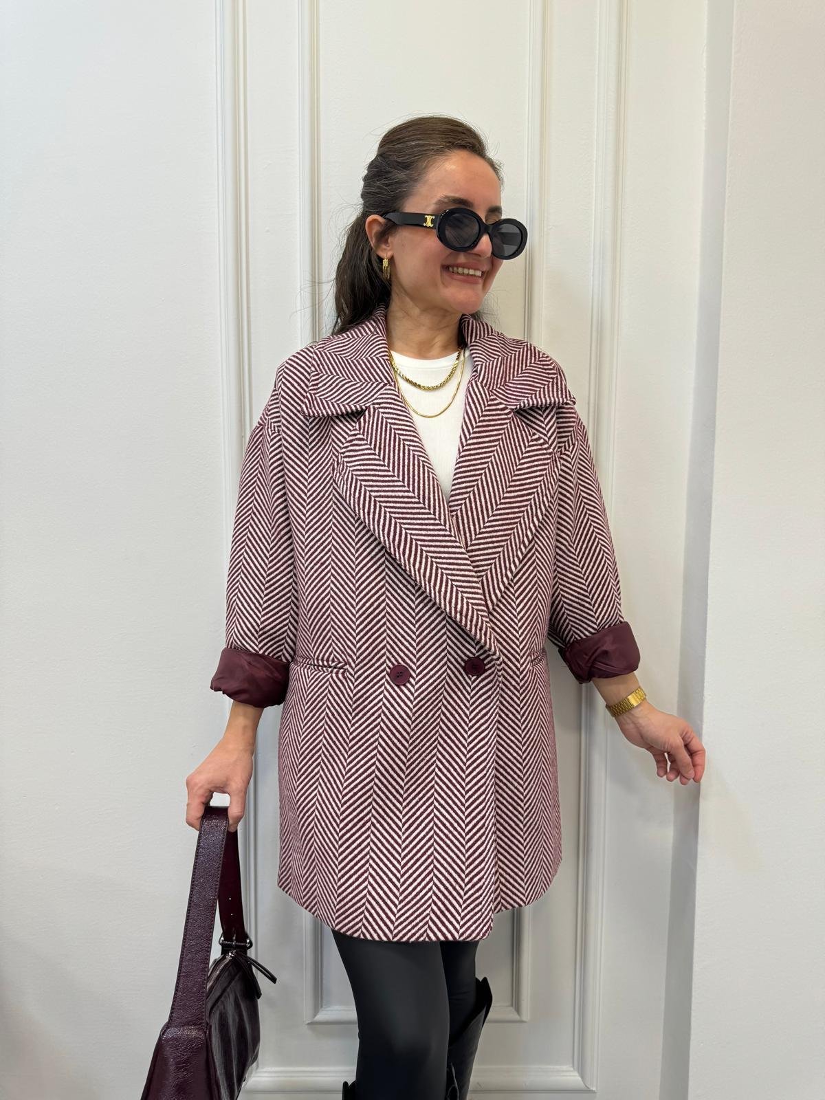Bordo Balık Sırtı Oversize Astarlı Kaban 9252