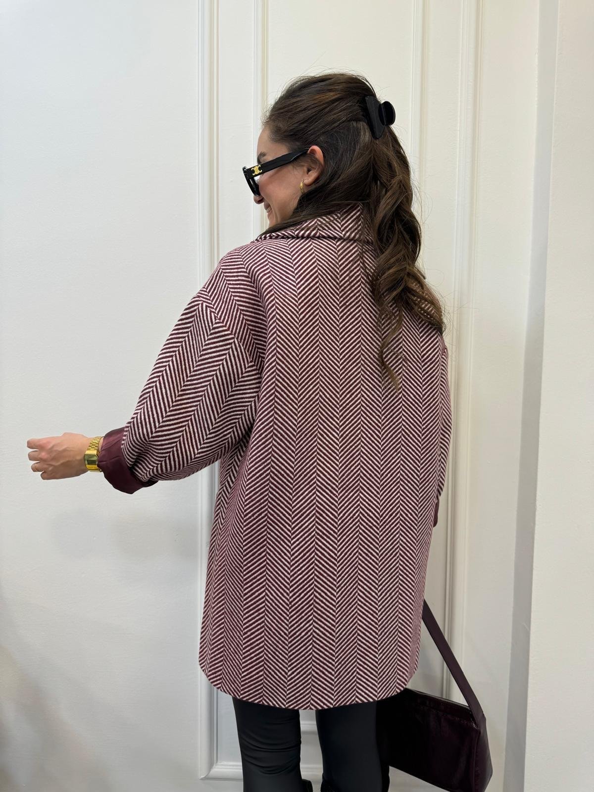 Bordo Balık Sırtı Oversize Astarlı Kaban 9252