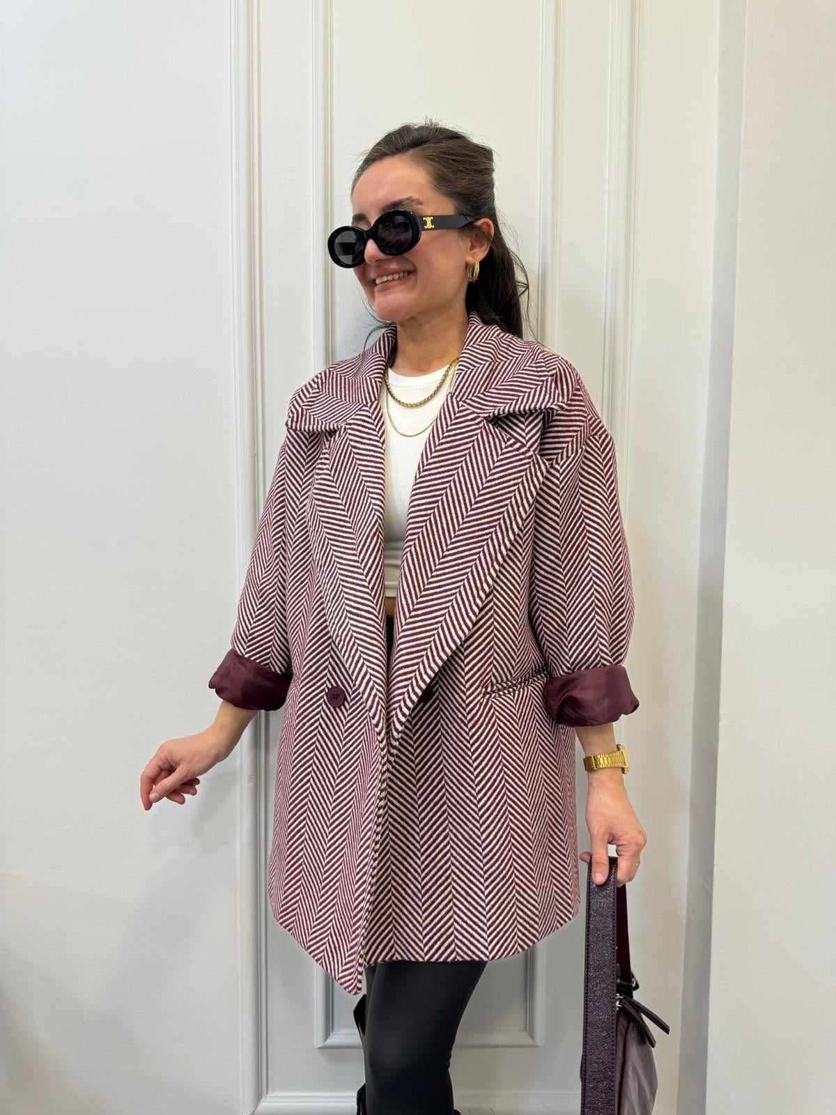 Bordo Balık Sırtı Oversize Astarlı Kaban 9252