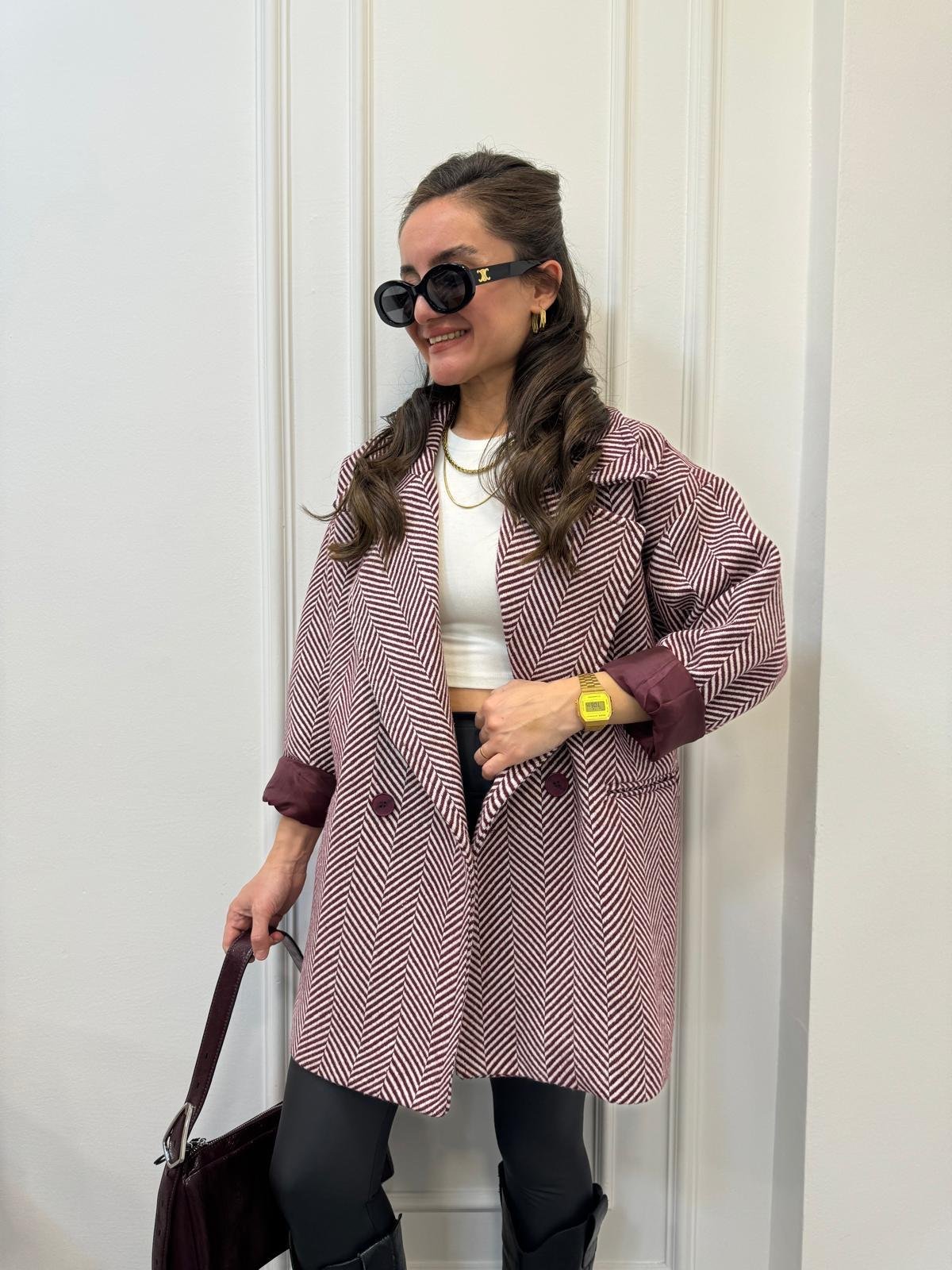 Bordo Balık Sırtı Oversize Astarlı Kaban 9252
