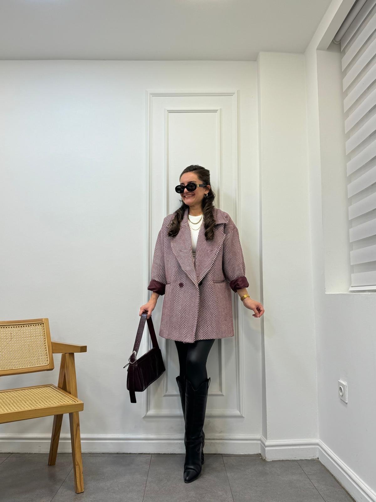 Bordo Balık Sırtı Oversize Astarlı Kaban 9252