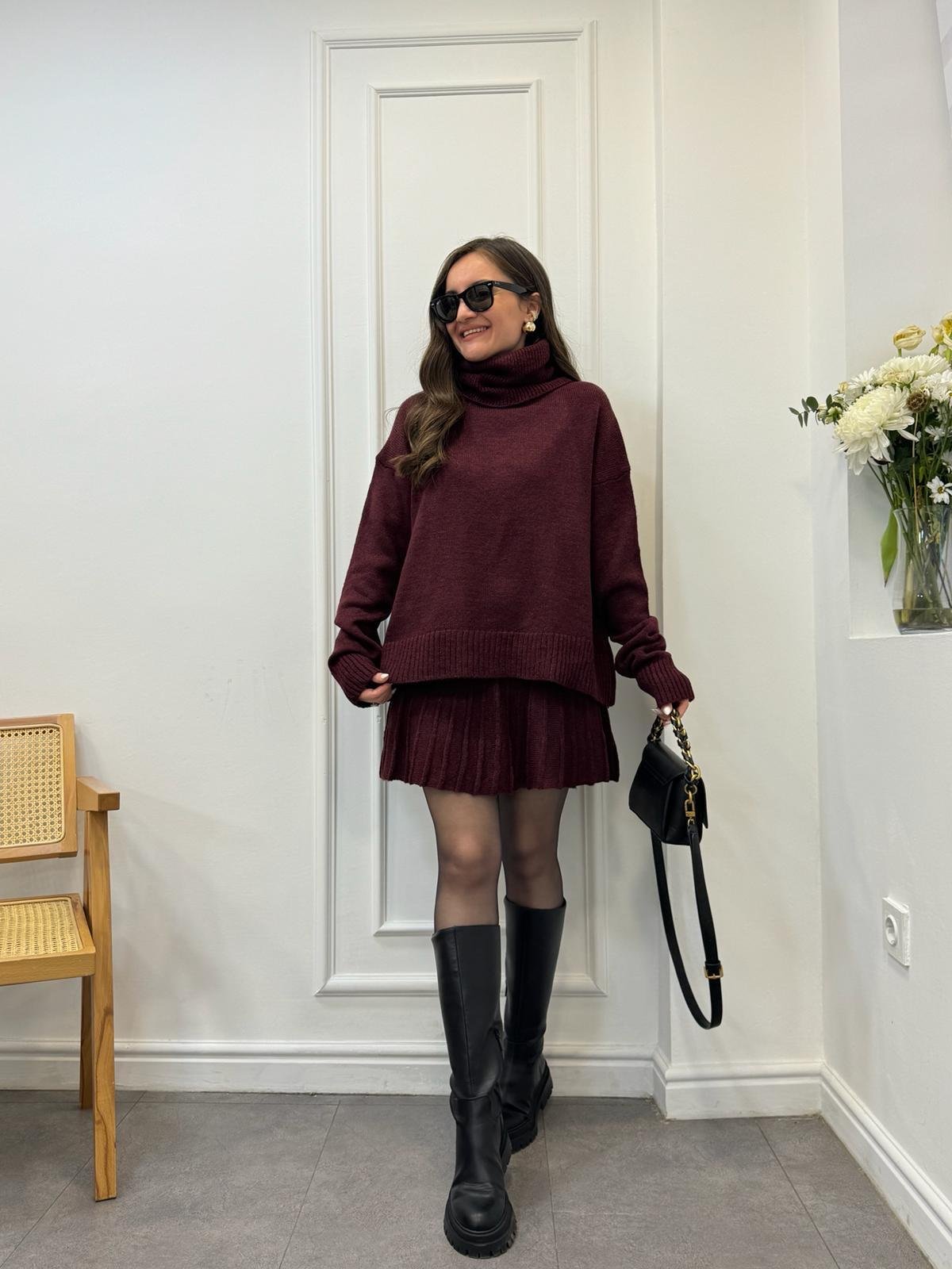 Bordo Balıkçı Yaka Etekli Triko Takım 2704