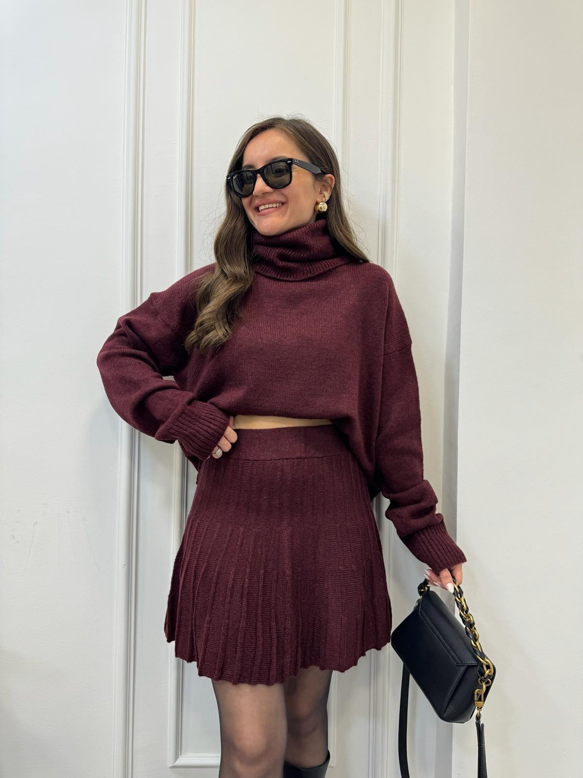 Bordo Balıkçı Yaka Etekli Triko Takım 2704