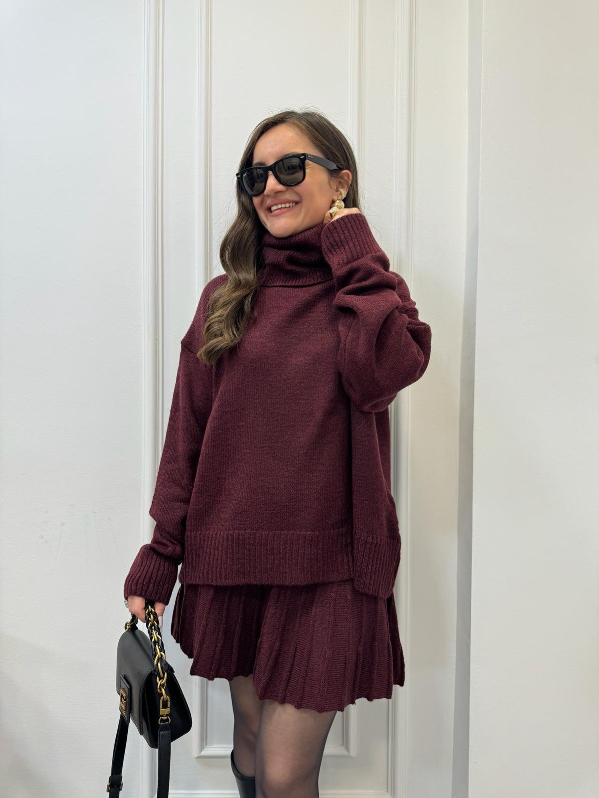 Bordo Balıkçı Yaka Etekli Triko Takım 2704