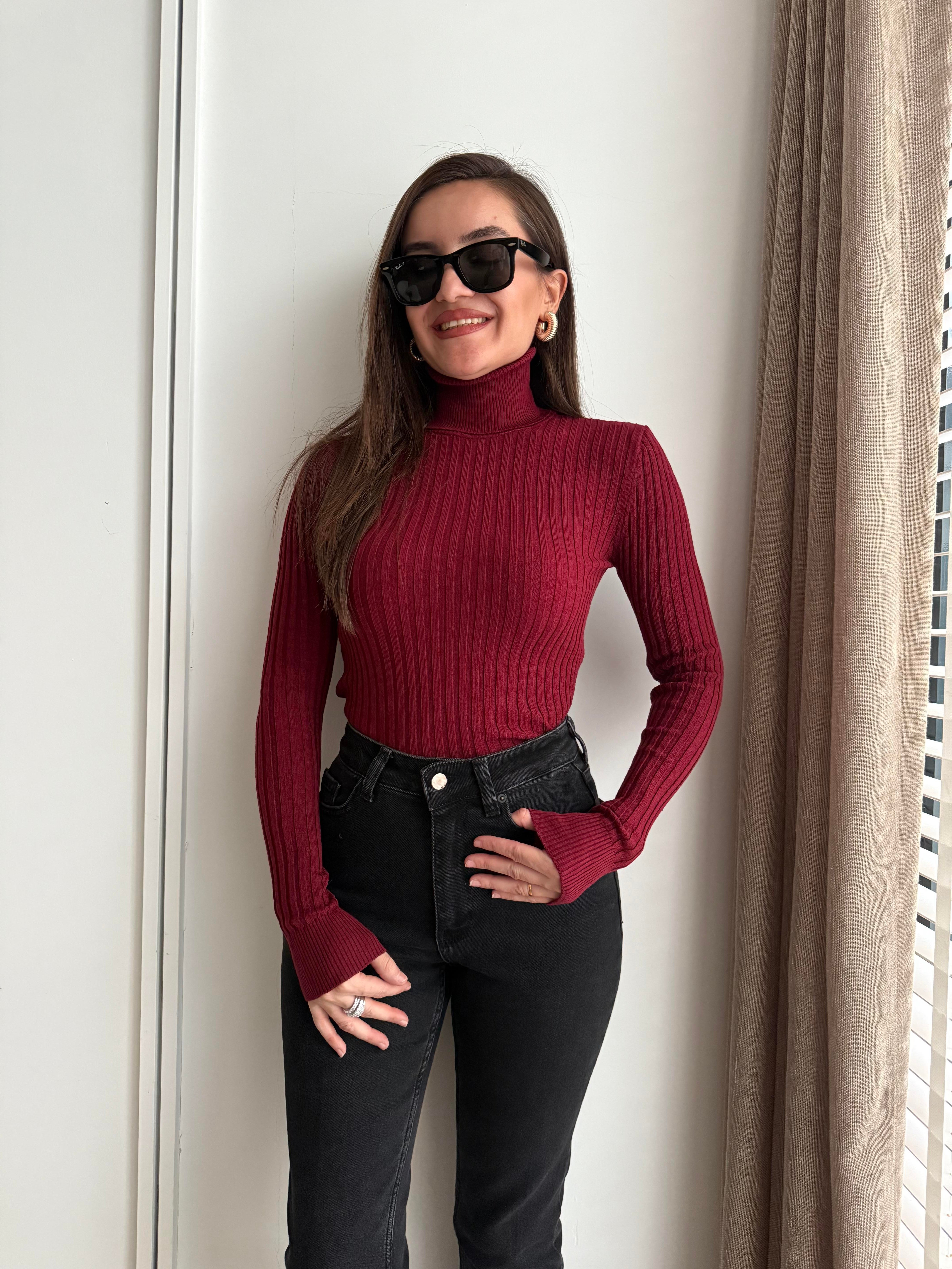 Bordo Balıkçı Yaka Fitilli Kazak 1072