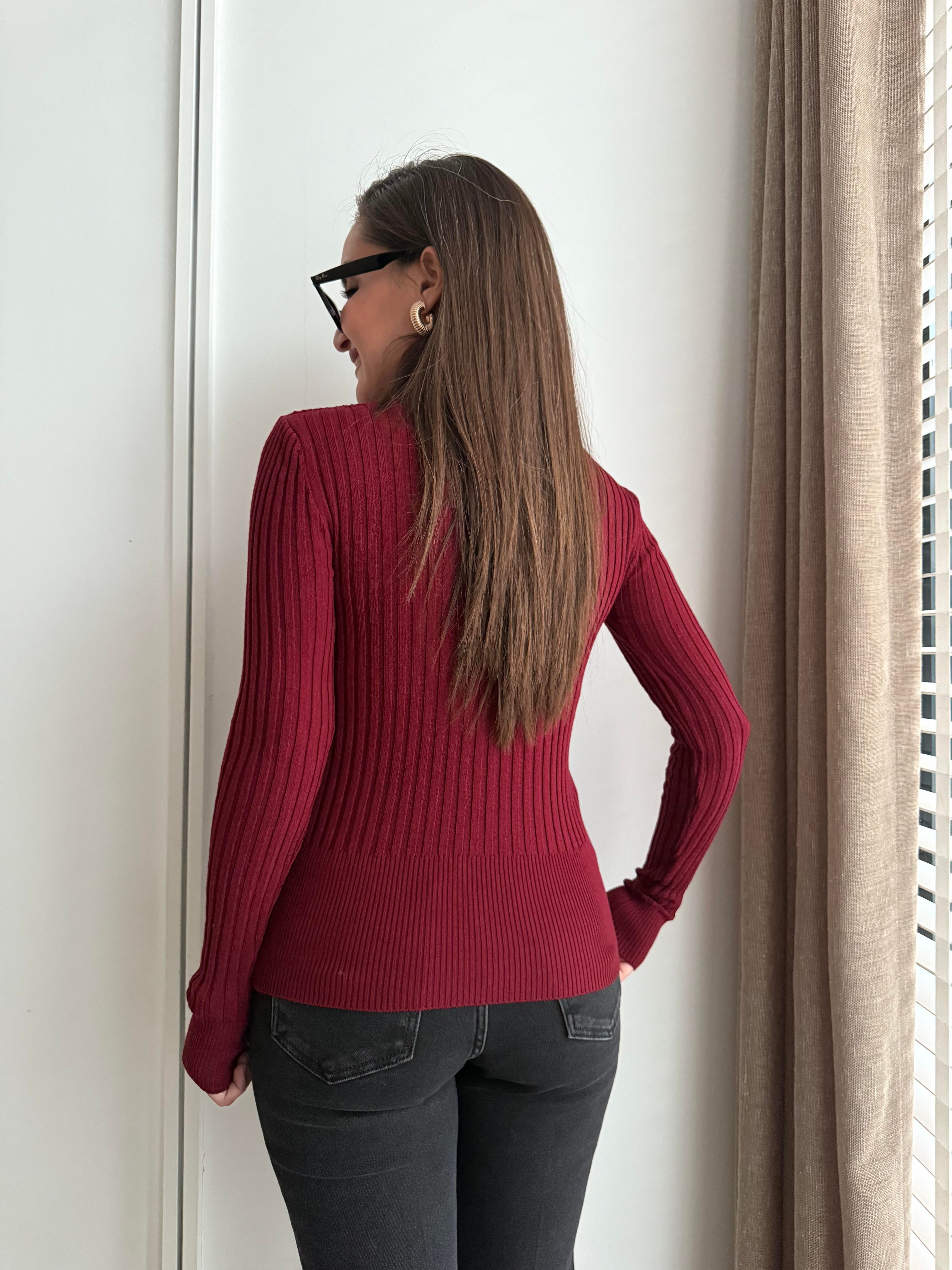 Bordo Balıkçı Yaka Fitilli Kazak 1072