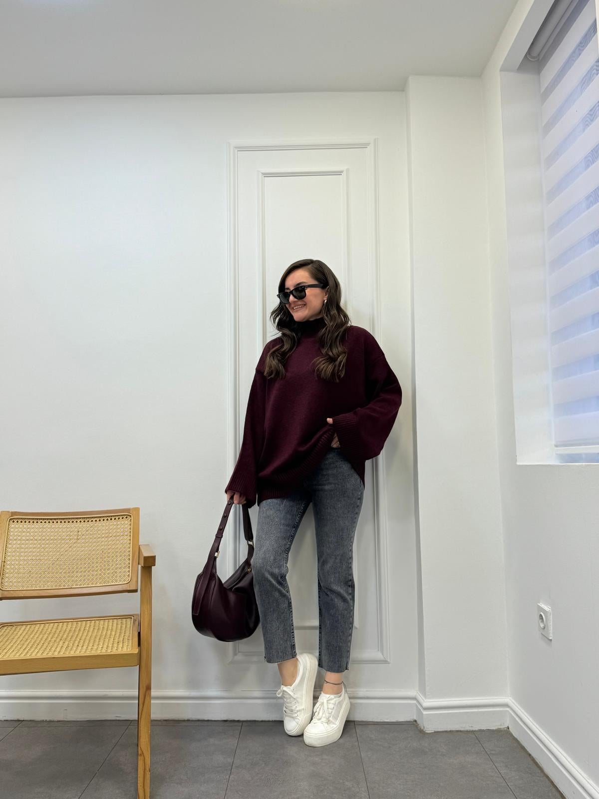 Bordo Balıkçı Yaka İspanyol Kol Triko Kazak 231079