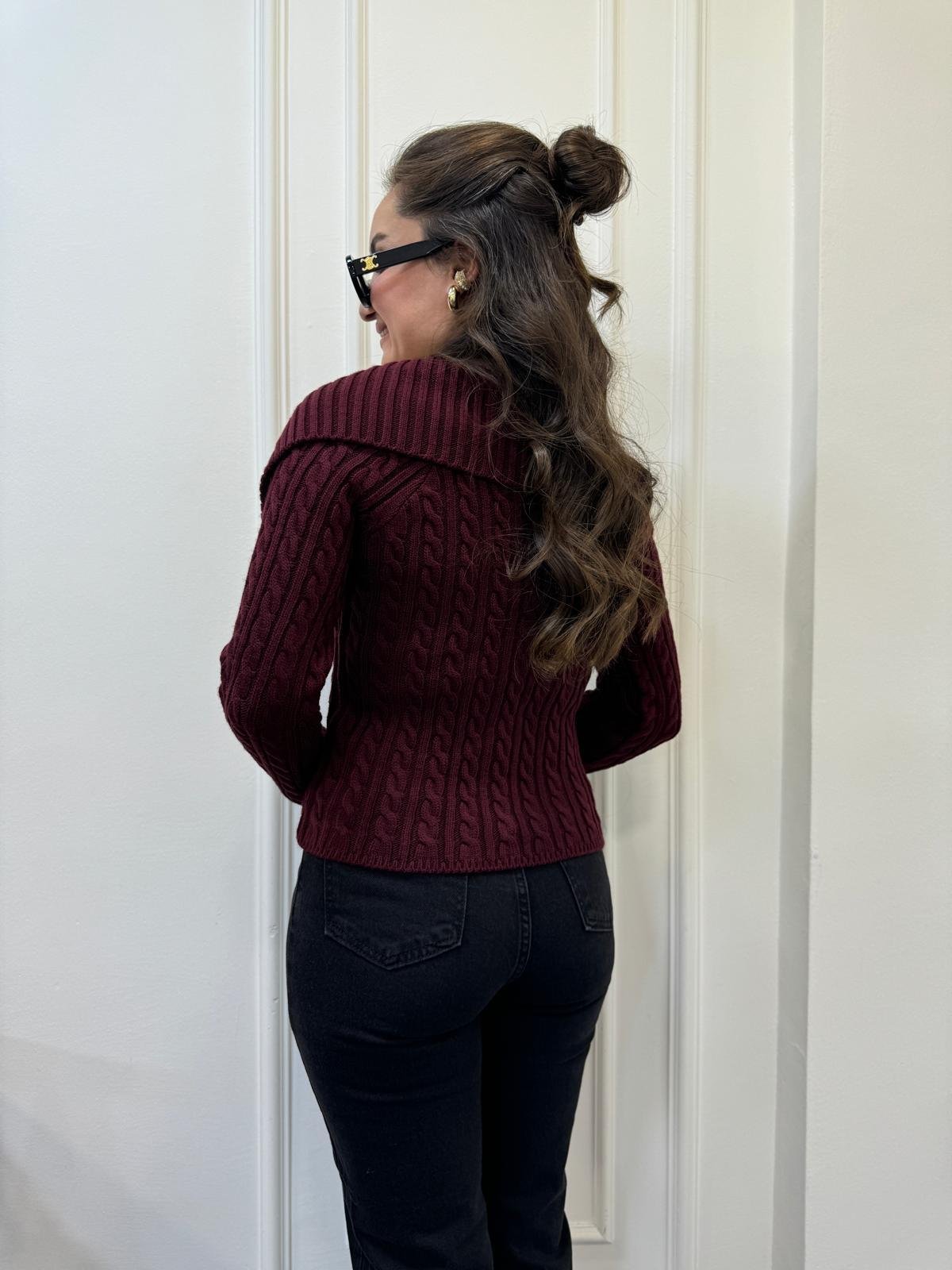 Bordo Bardot Yaka Ayıcık Nakışlı Fermuarlı Triko Hırka 241141